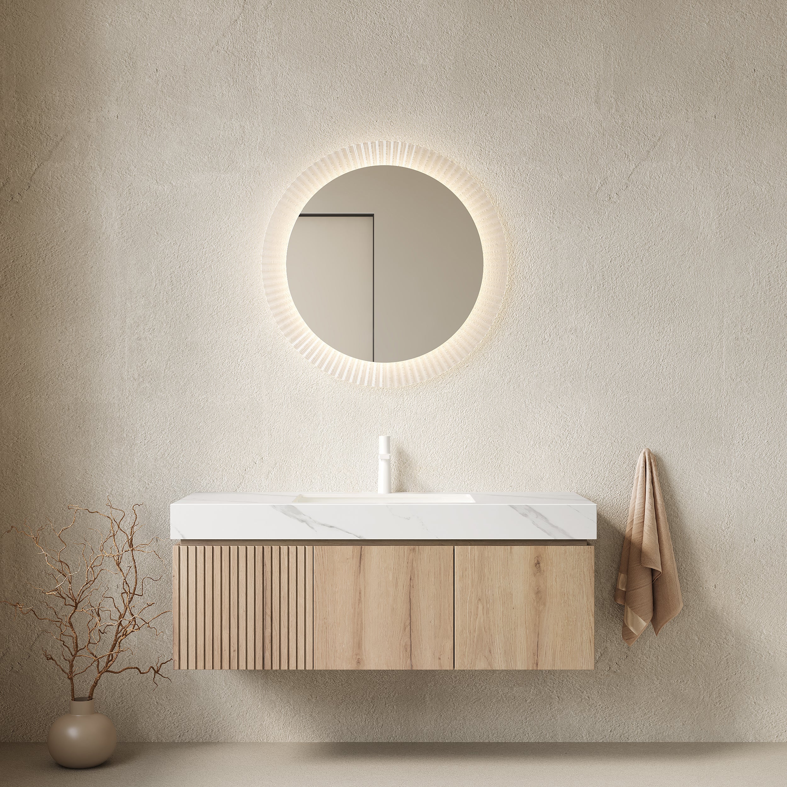 MURI 48" Wall-Mounted Bathroom Vanity with White Sintered Stone Top & Ceramic Sink, Floating Cabinet with Drawer and Door, Natural Oak Woodgrain, Pre-Assembled