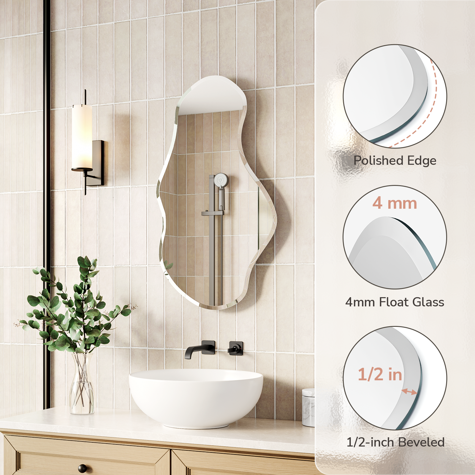 irregular mirror with polished edge 4mm float glass and beveled design