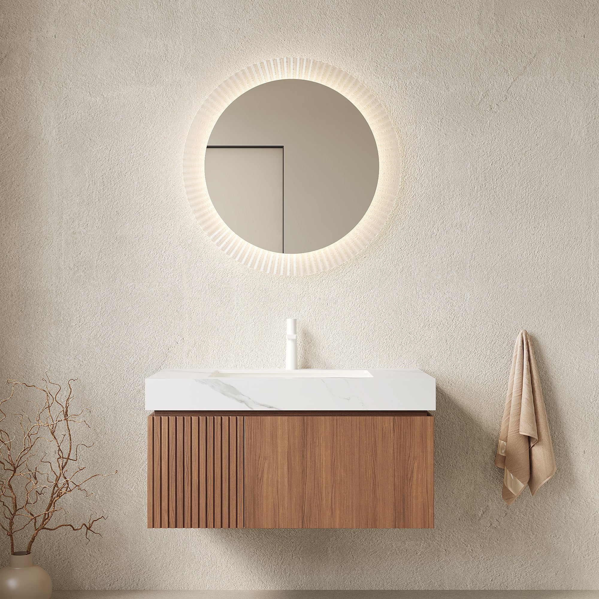 MURI 36" Wall-Mounted Bathroom Vanity with White Sintered Stone Top & Ceramic Sink, Floating Cabinet with Drawer and Door, Brown Oak Woodgrain, Pre-Assembled