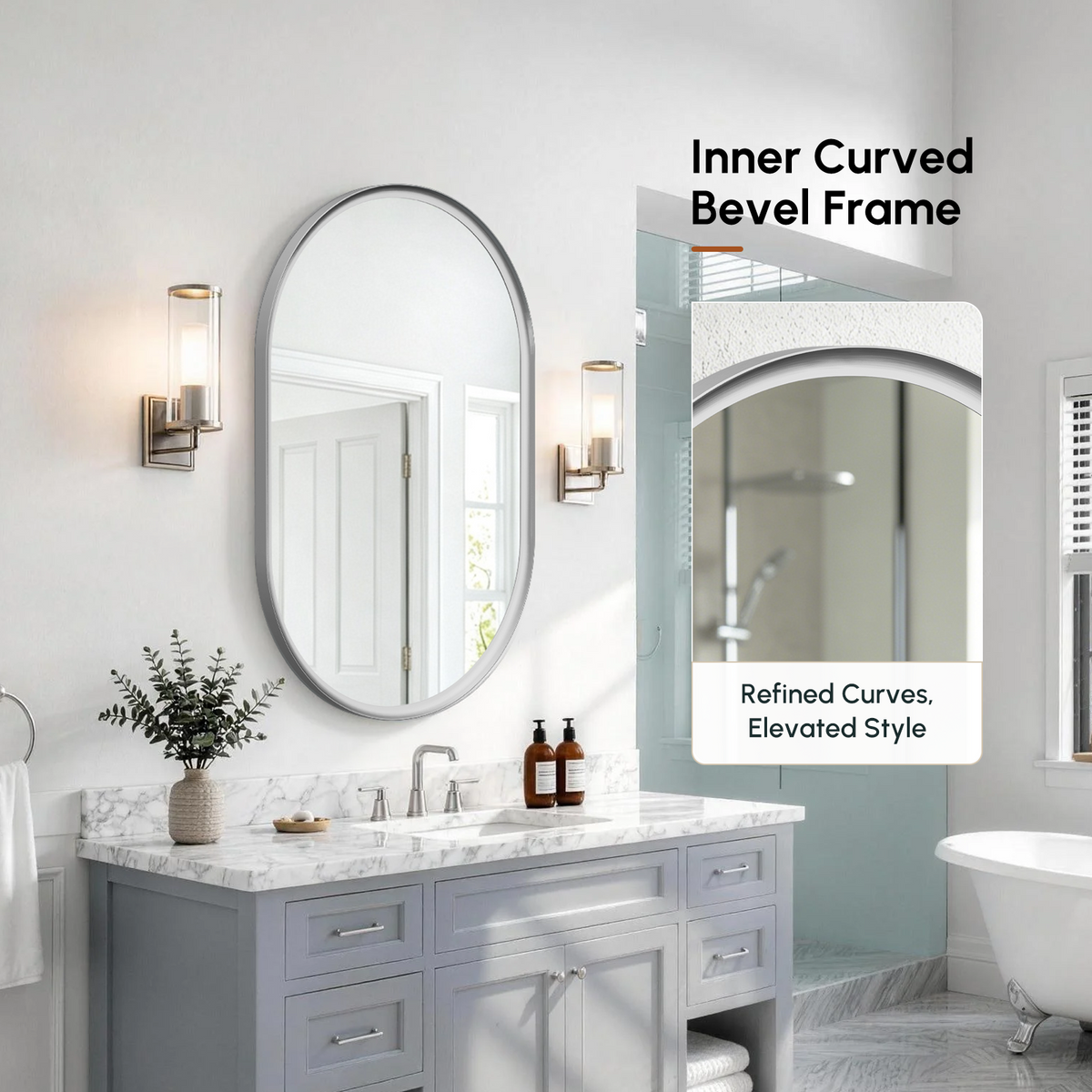 USHOWER Curva Brushed Nickel Oval Mirror 24x36 Inch, Oval Bathroom Mirror