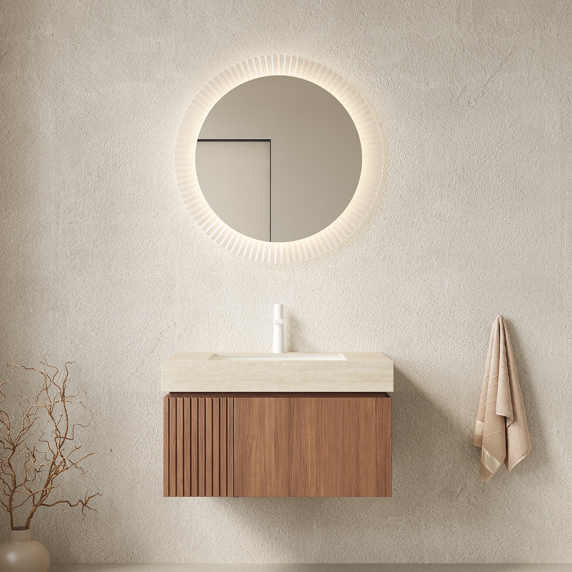 MURI 30" Wall-Mounted Bathroom Vanity with Travertine-Pattern Sintered Stone Top & Ceramic Sink, Floating Cabinet with Drawer and Door, Brown Oak Woodgrain, Pre-Assembled