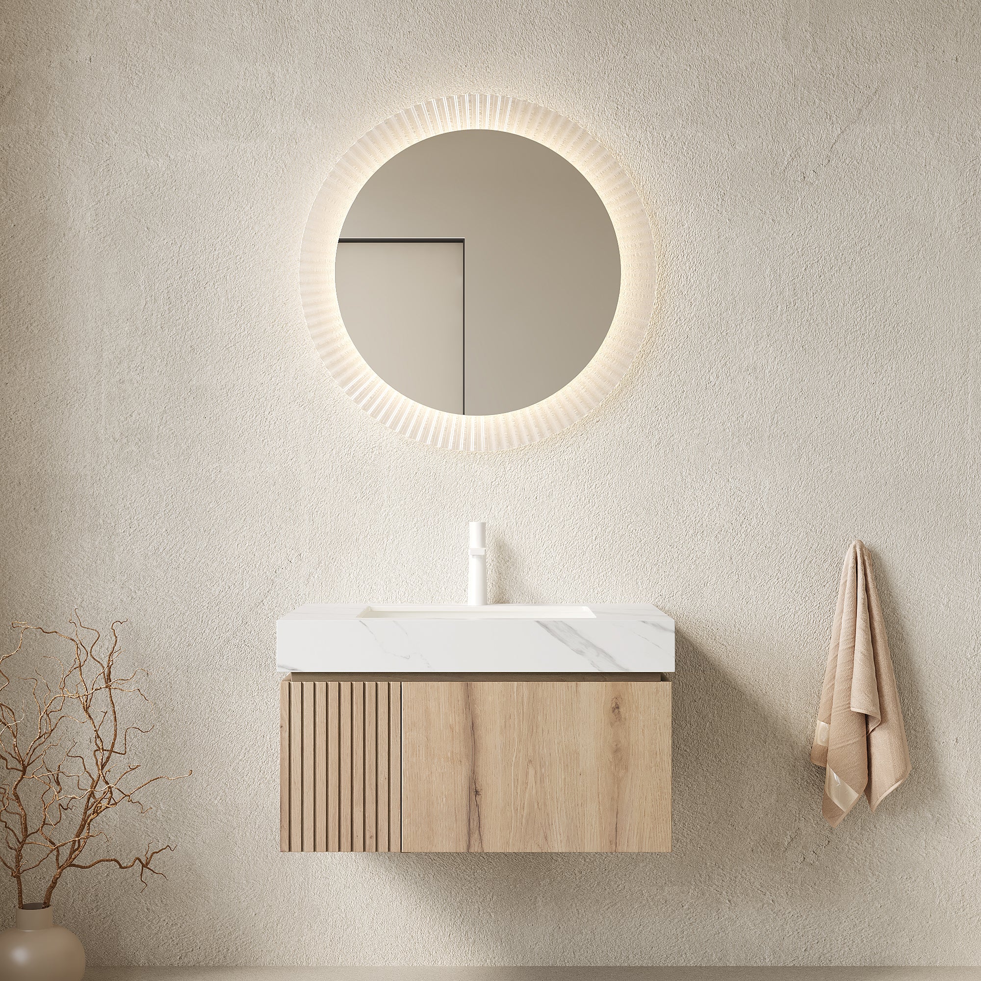 MURI 30" Wall-Mounted Bathroom Vanity with White Sintered Stone Top & Ceramic Sink, Floating Cabinet with Drawer and Door, Natural Oak Woodgrain, Pre-Assembled