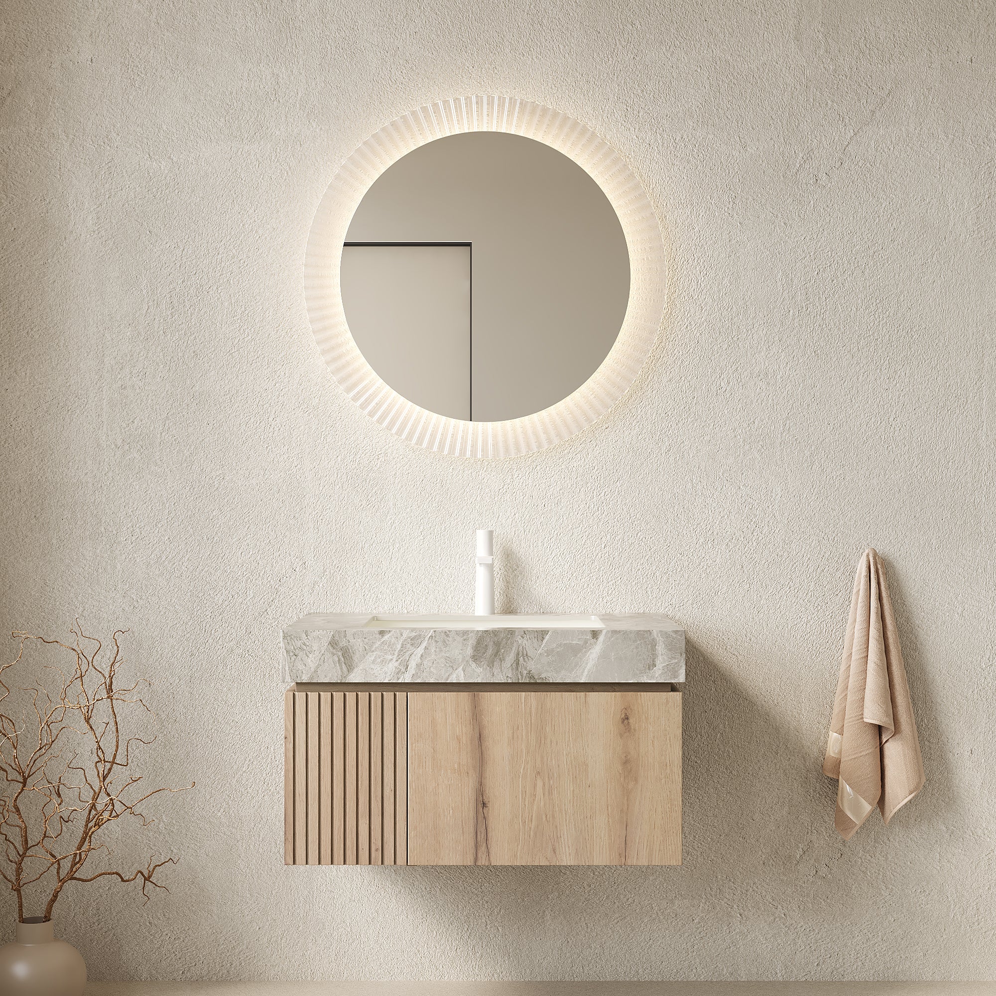 MURI 30" Wall-Mounted Bathroom Vanity with Light Gray Sintered Stone Top & Ceramic Sink, Floating Cabinet with Drawer and Door, Natural Oak Woodgrain, Pre-Assembled