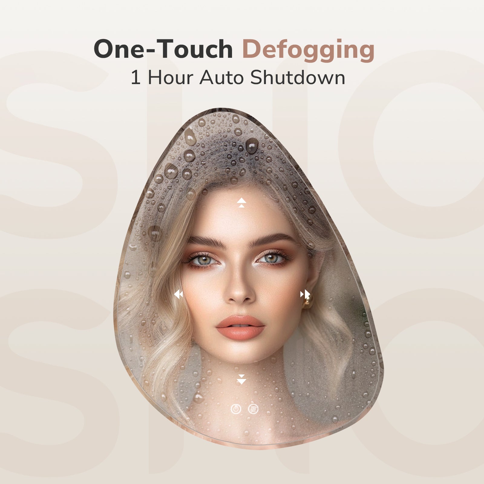 One-touch anti-fog teardrop LED bathroom mirror with 1 hour automatic shutoff