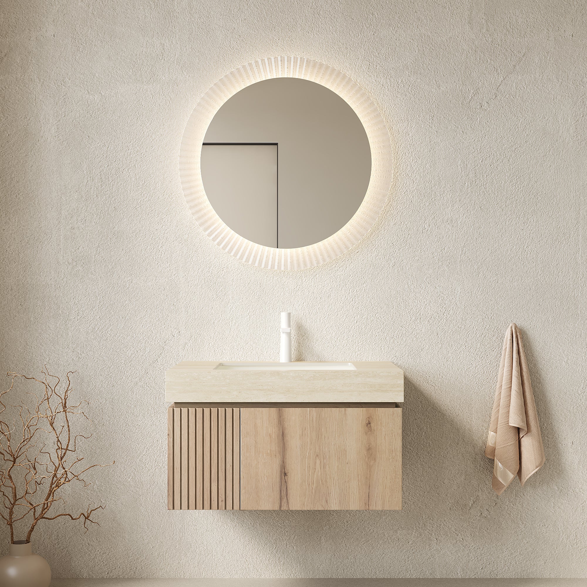 MURI 30" Wall-Mounted Bathroom Vanity with Travertine-Pattern Sintered Stone Top & Ceramic Sink, Floating Cabinet with Drawer and Door, Natural Oak Woodgrain, Pre-Assembled