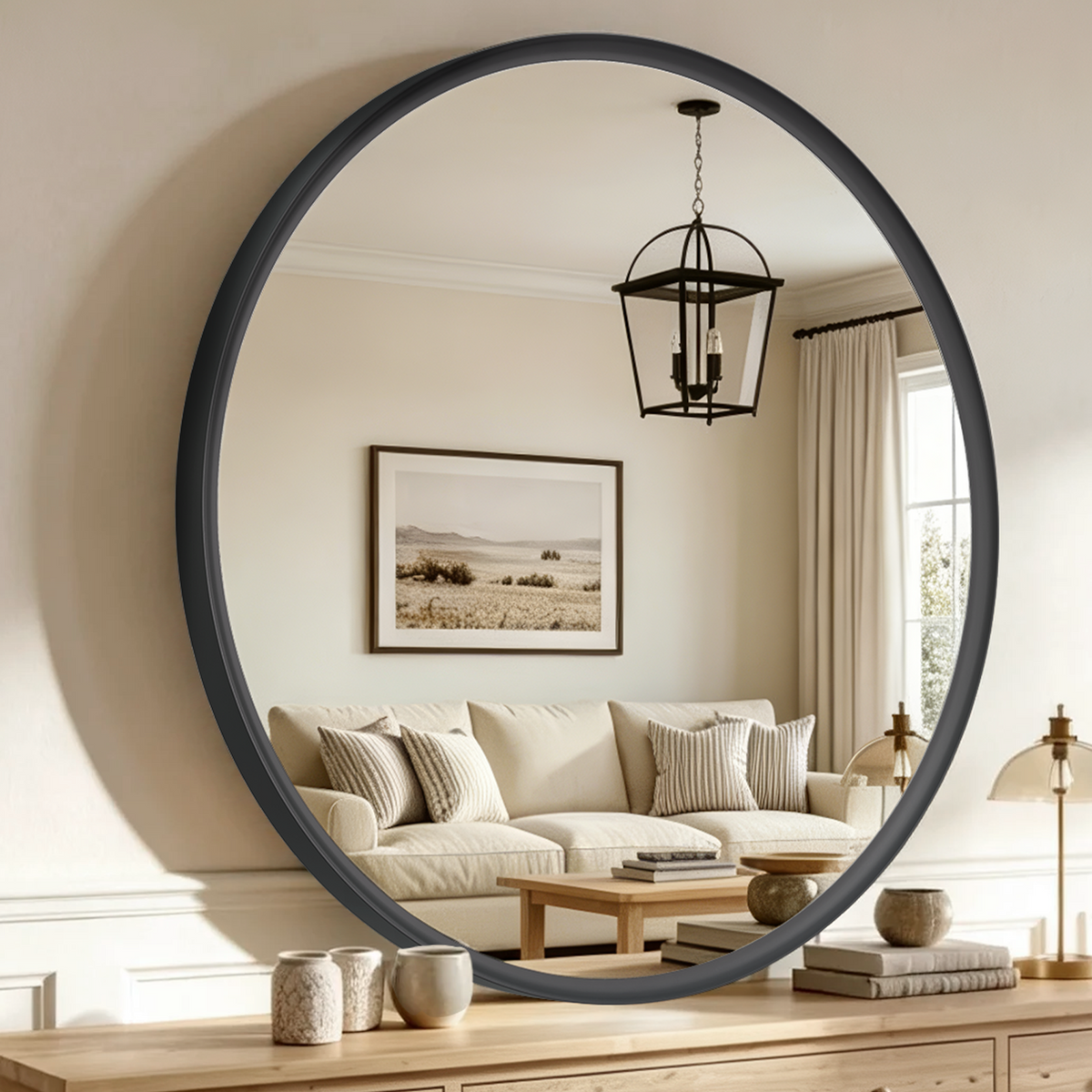 USHOWER Curva Round Bathroom Mirror 36 Inch, Black Circle Mirror Over Sink Vanity