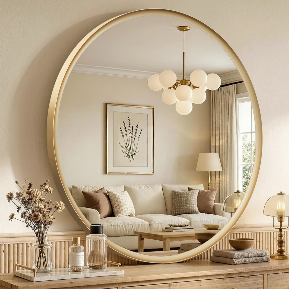 USHOWER Curva Round Bathroom Mirror 36 Inch, Brushed Gold Circle Mirror Over Sink Vanity