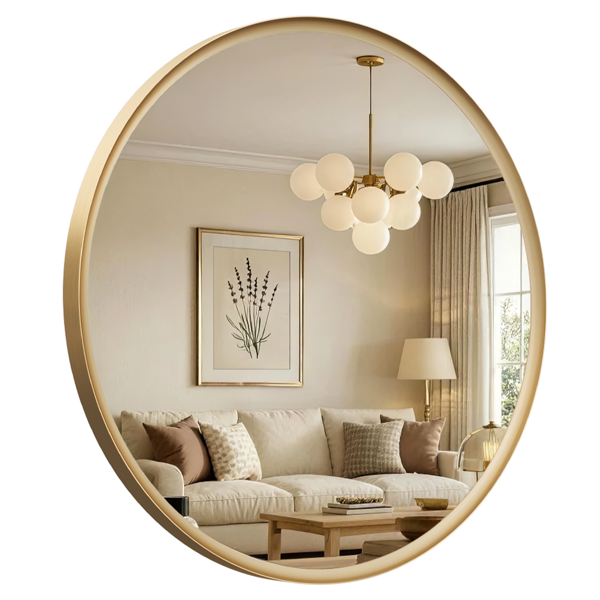 USHOWER Curva Round Bathroom Mirror 36 Inch, Brushed Gold Circle Mirror Over Sink Vanity