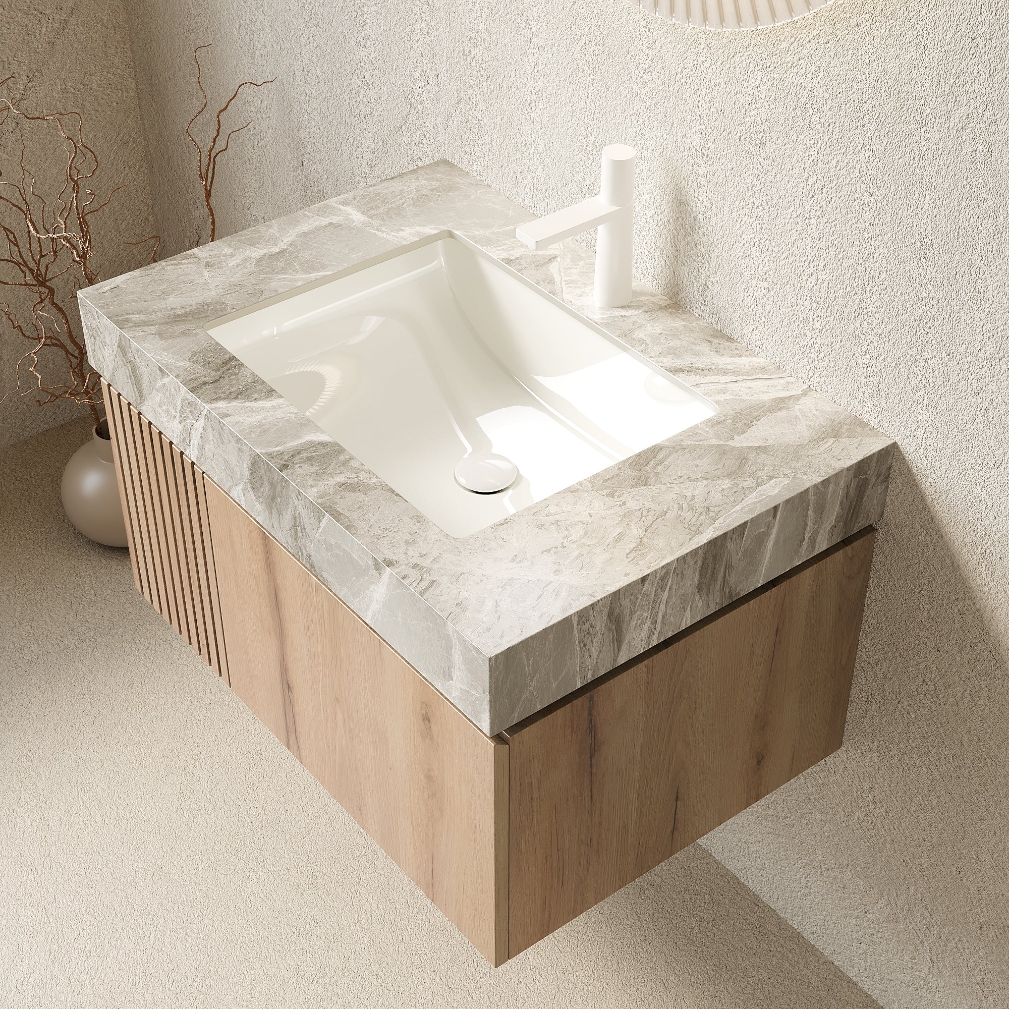 MURI 30" Wall-Mounted Bathroom Vanity with Light Gray Sintered Stone Top & Ceramic Sink, Floating Cabinet with Drawer and Door, Natural Oak Woodgrain, Pre-Assembled
