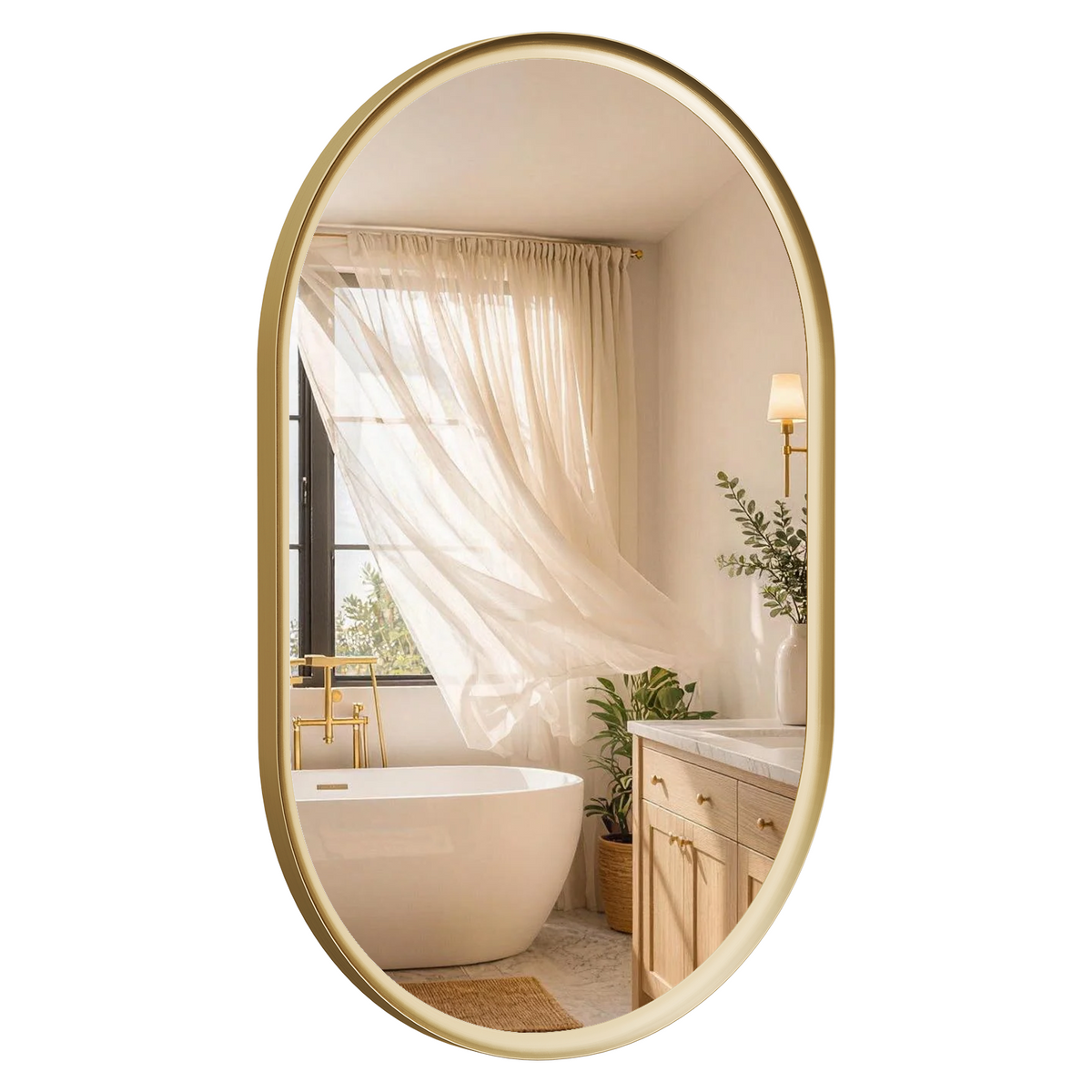 USHOWER Curva Brushed Gold Oval Mirror 24x36 Inch, Oval Bathroom Mirror