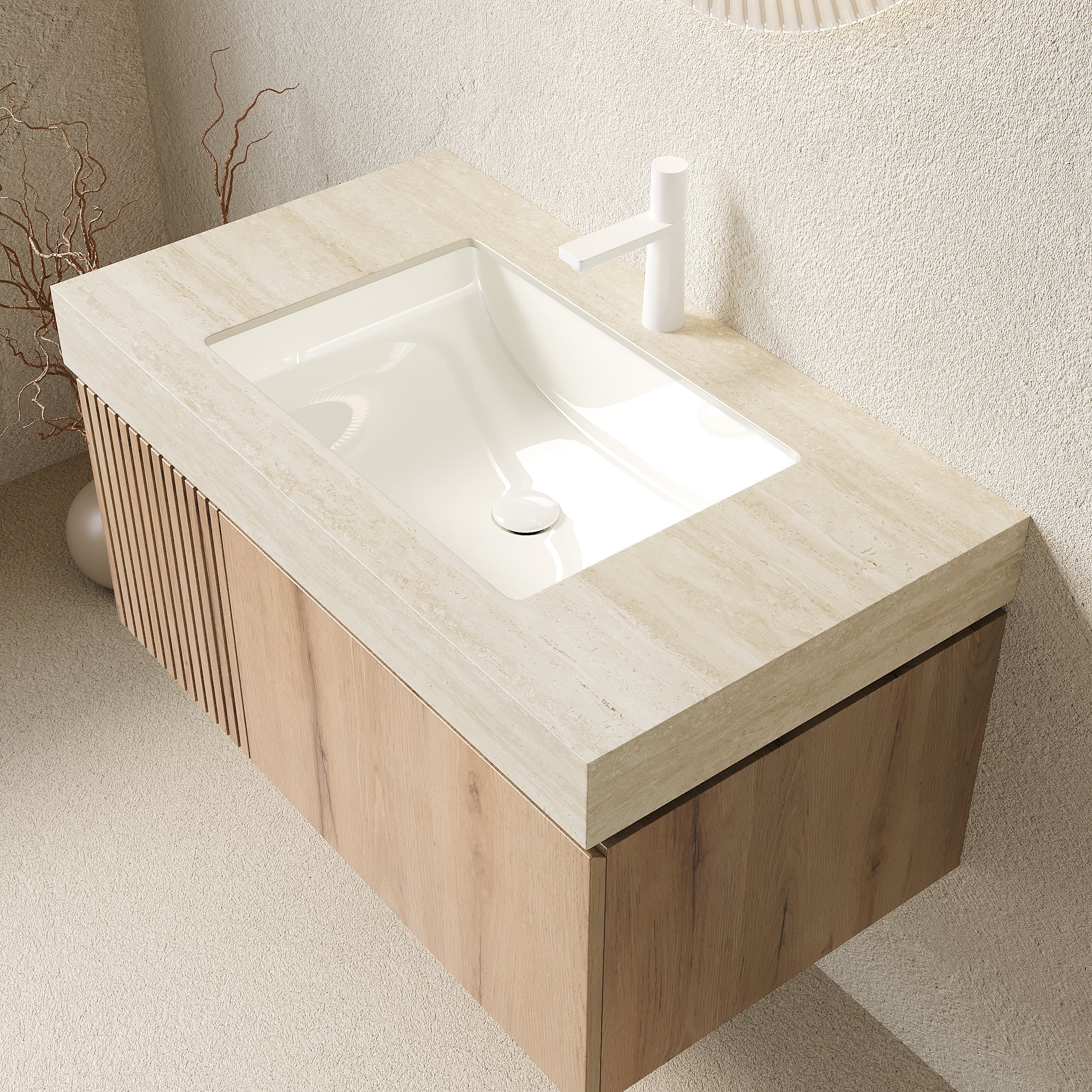 MURI 36" Wall-Mounted Bathroom Vanity with Travertine-Pattern Sintered Stone Top & Ceramic Sink, Floating Cabinet with Drawer and Door, Natural Oak Woodgrain, Pre-Assembled