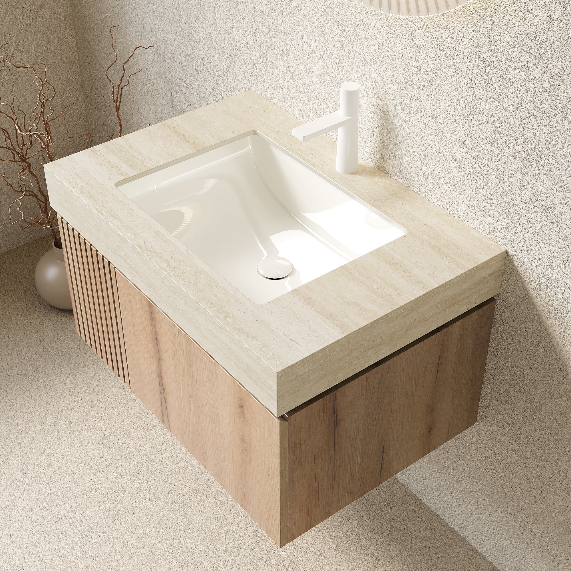 MURI 30" Wall-Mounted Bathroom Vanity with Travertine-Pattern Sintered Stone Top & Ceramic Sink, Floating Cabinet with Drawer and Door, Natural Oak Woodgrain, Pre-Assembled