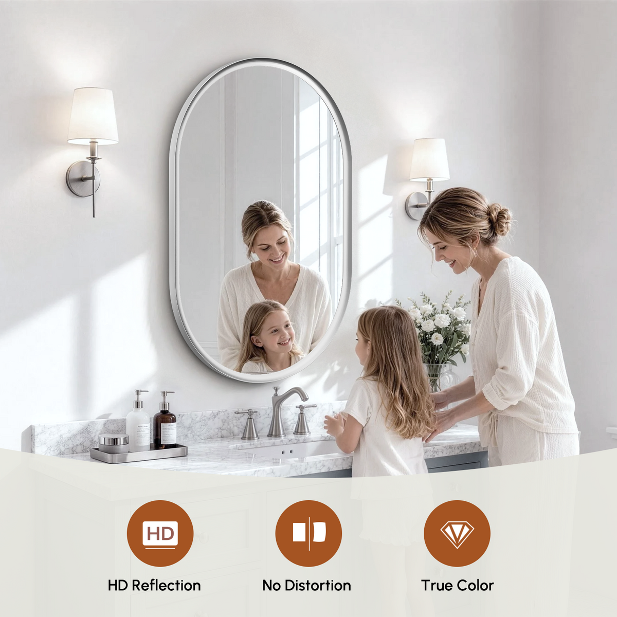 USHOWER Curva Brushed Nickel Oval Mirror 24x36 Inch, Oval Bathroom Mirror