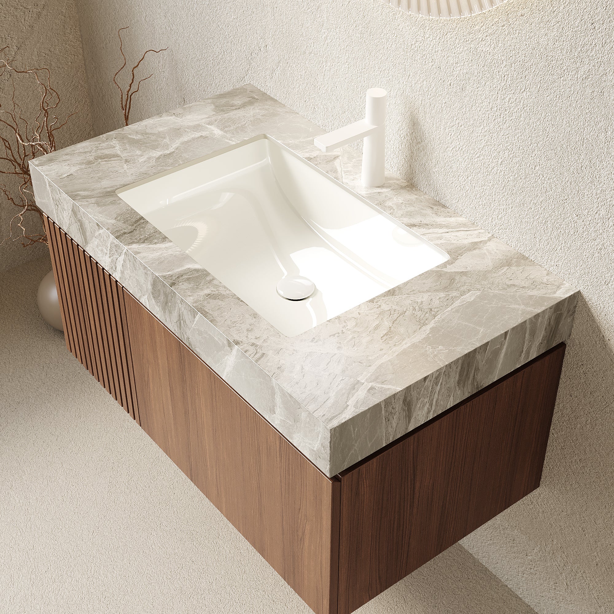 MURI 36" Wall-Mounted Bathroom Vanity with Light Gray Sintered Stone Top & Ceramic Sink, Floating Cabinet with Drawer and Door, Brown Oak Woodgrain, Pre-Assembled