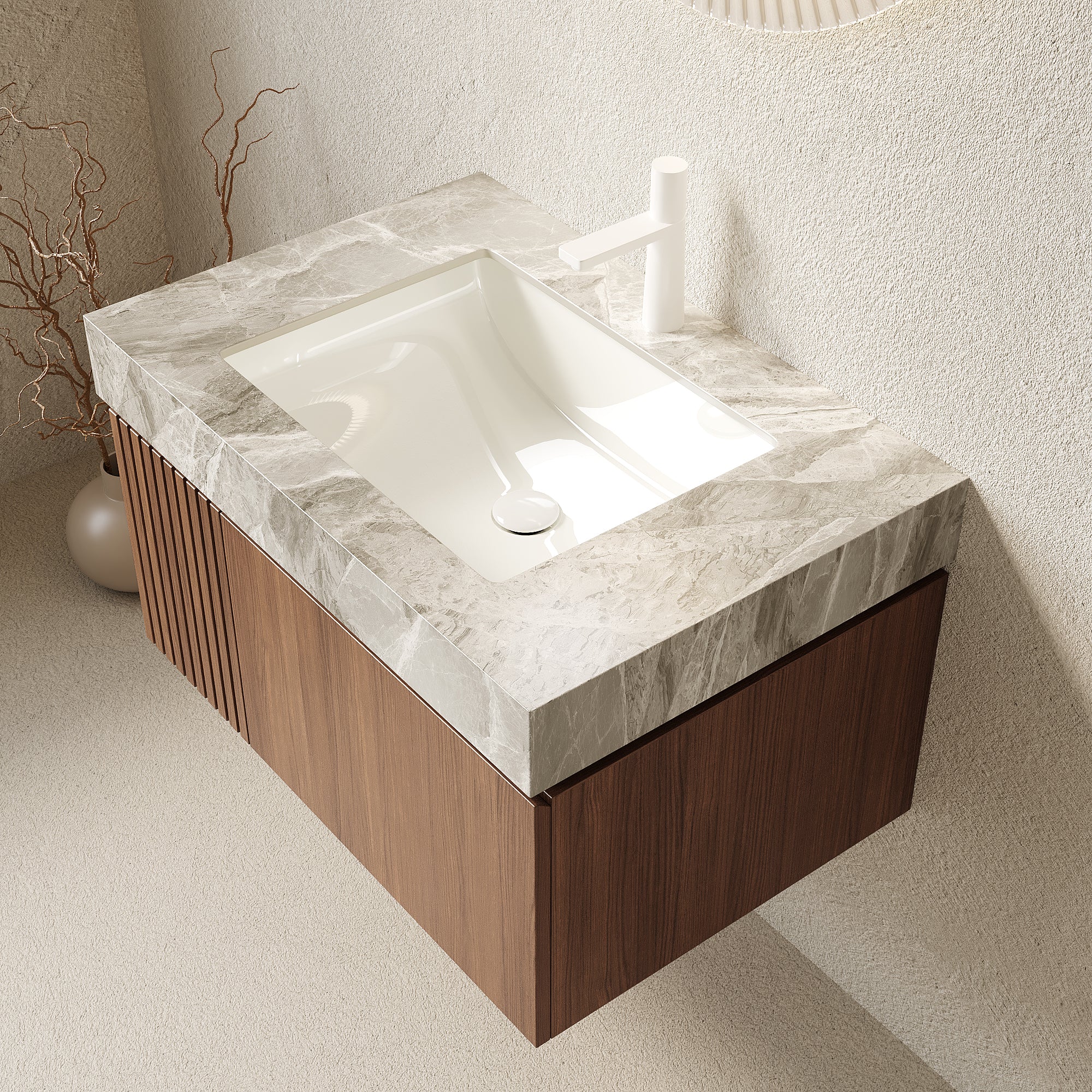 MURI 30" Wall-Mounted Bathroom Vanity with Light Gray Sintered Stone Top & Ceramic Sink, Floating Cabinet with Drawer and Door, Brown Oak Woodgrain, Pre-Assembled