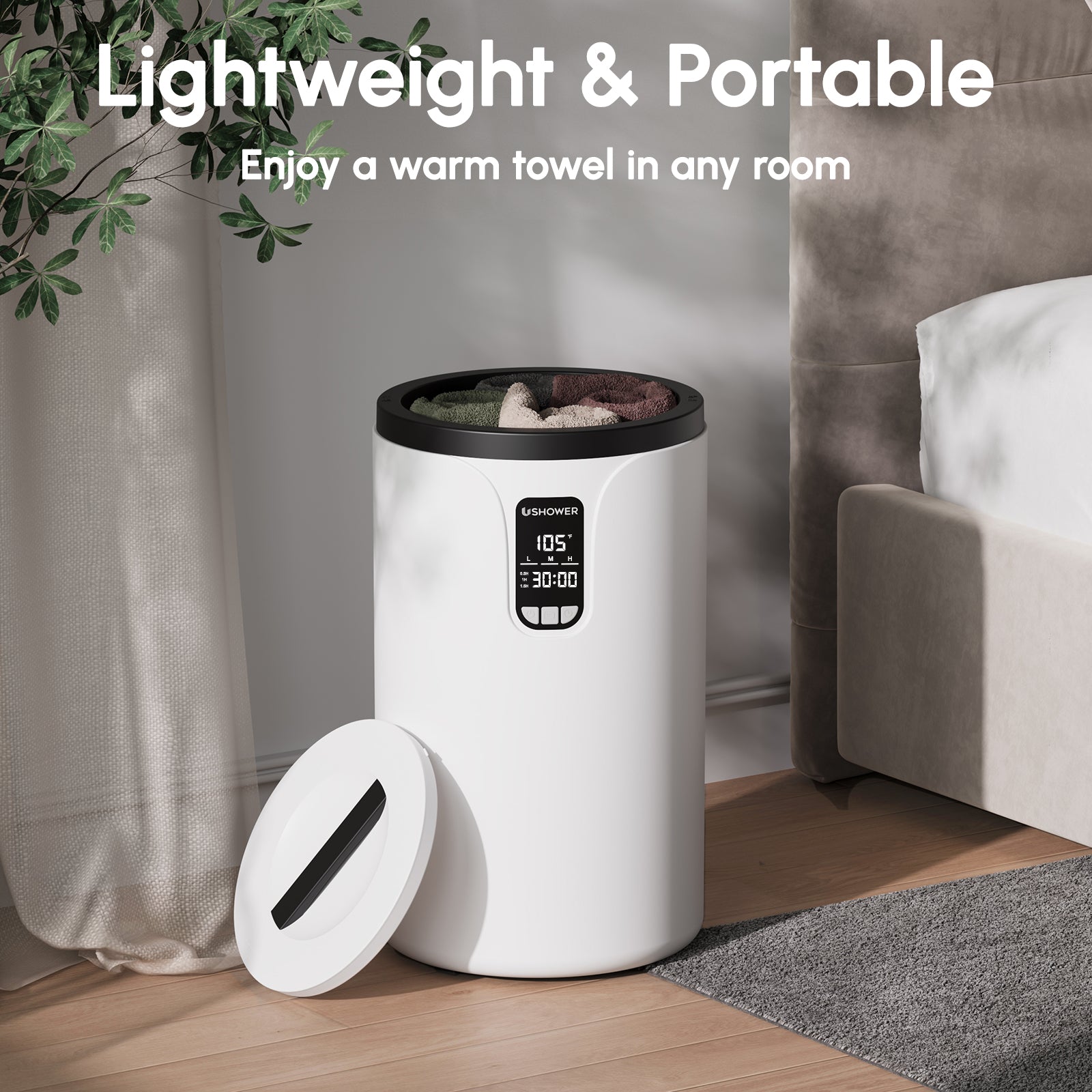 USHOWER lightweight portable towel warmer for bathroom bedroom or living room use