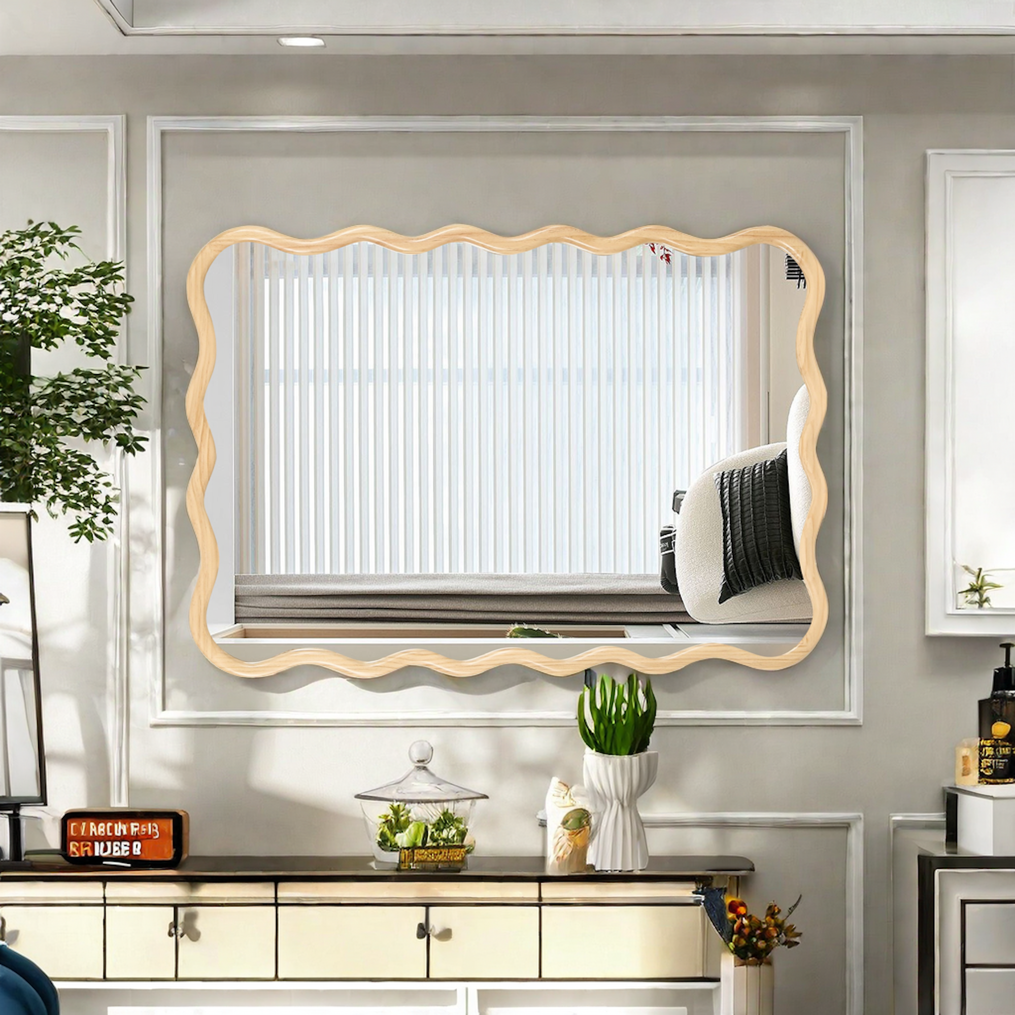 Wavy Rectangular Natural Wood Beige Wall Mirror, Solid Wood, 28'' x 39.8''