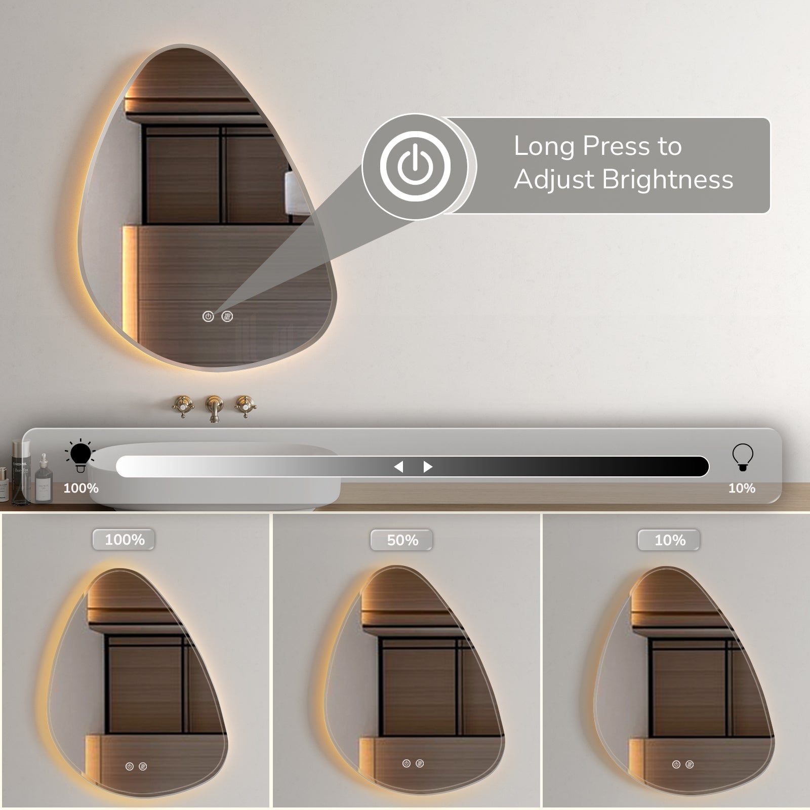 Dimmable LED teardrop vanity mirror long press to adjustable brightness 10% to 100%