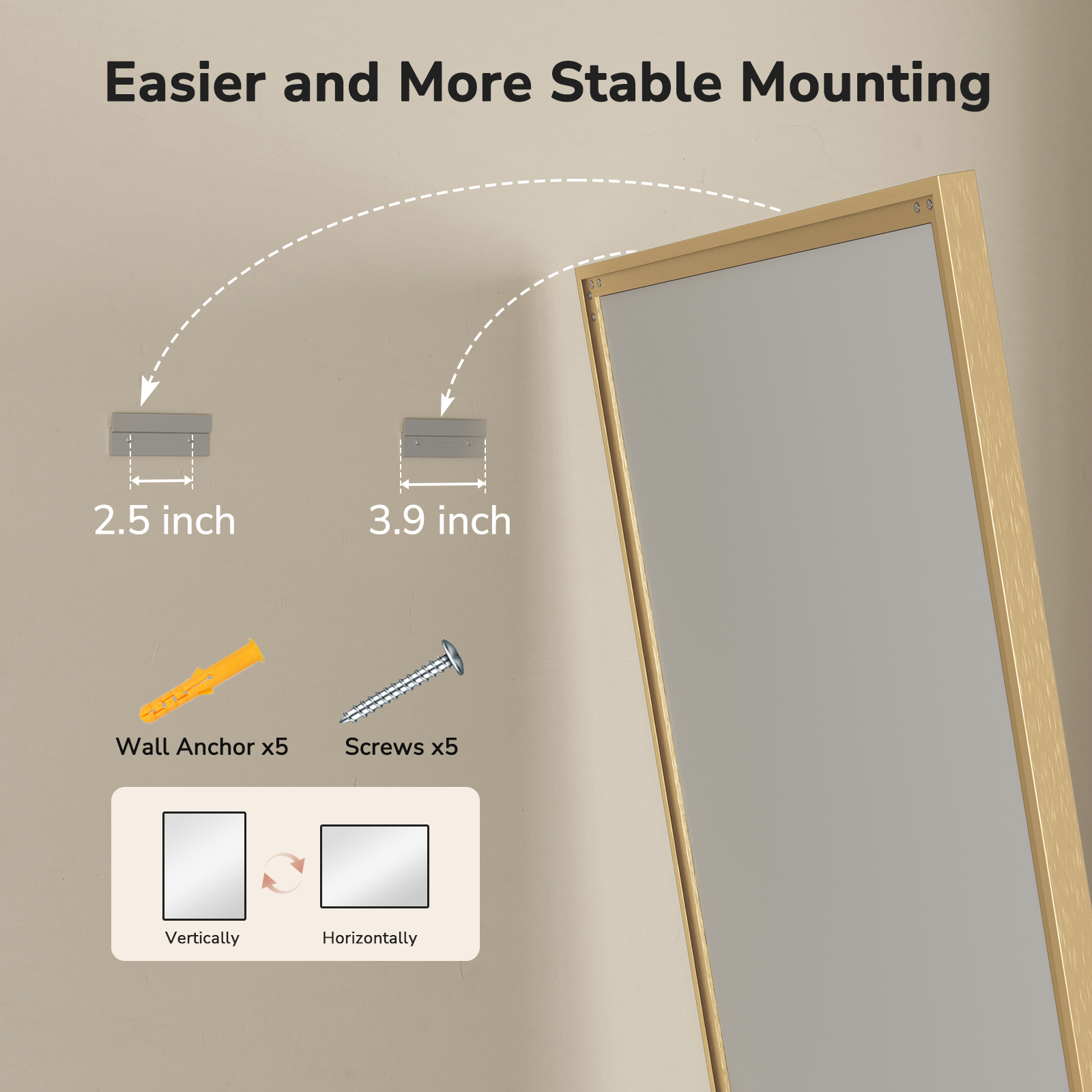 USHOWER Curva Mirror, Rectangular Gold Metal Framed Mirror, 22'' x 30''