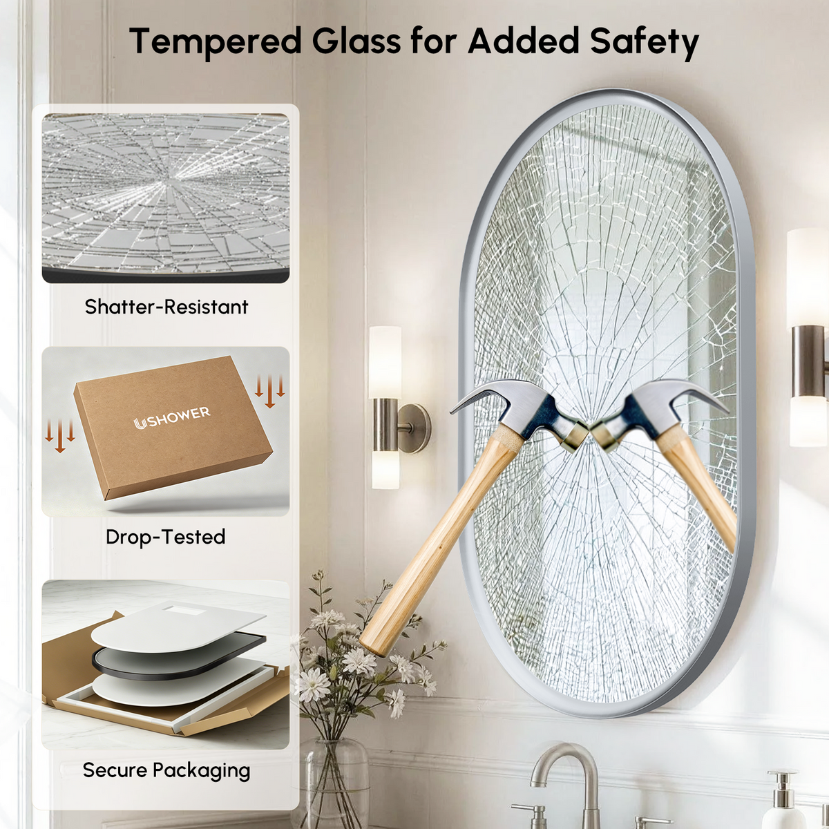 USHOWER Curva Brushed Nickel Oval Mirror 24x36 Inch, Oval Bathroom Mirror