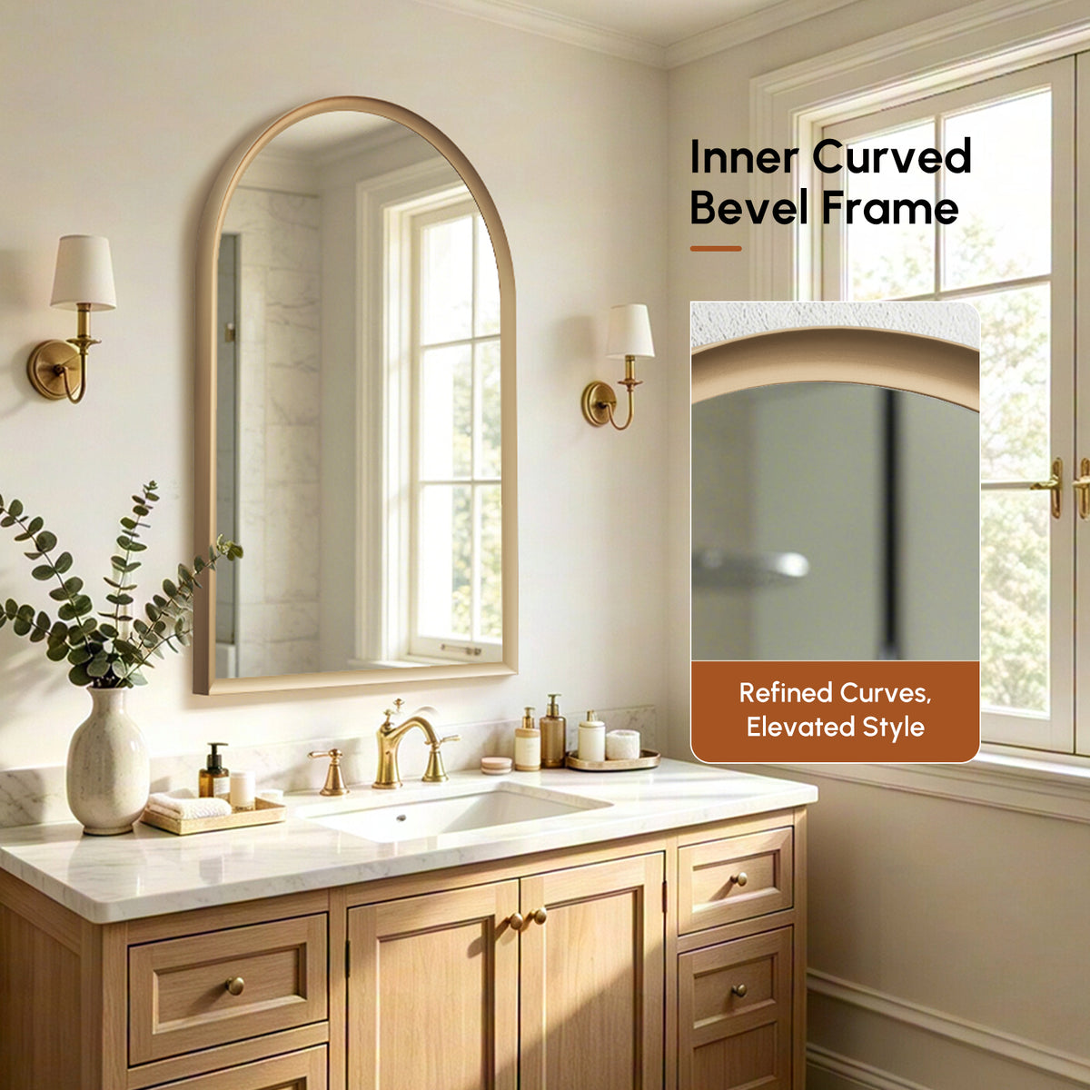 USHOWER Curva Brushed Gold Arched Mirror 24x36 Inch, Arched Bathroom Mirror