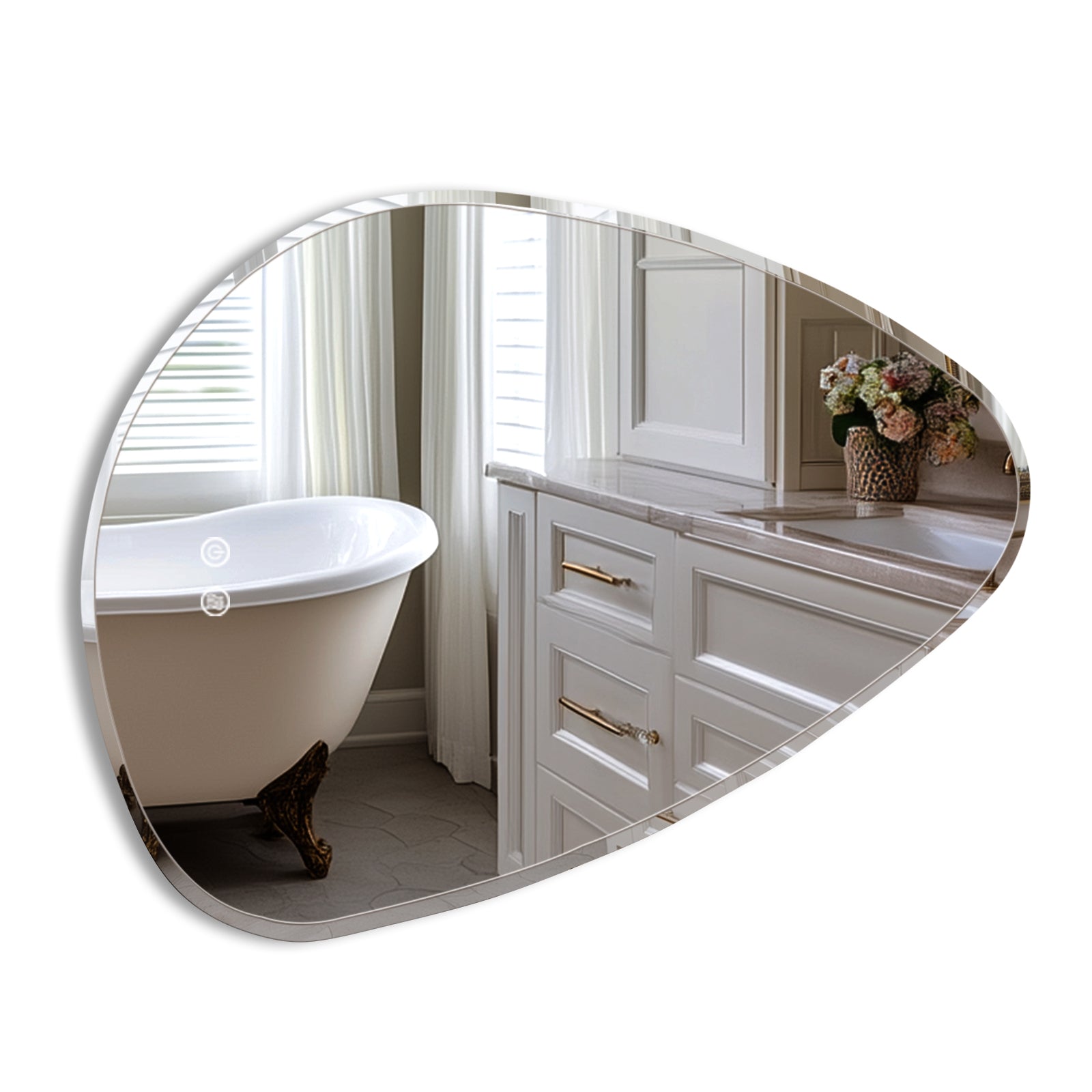 Waterdrop shaped LED bathroom mirror hung horizontally on a bathroom wall