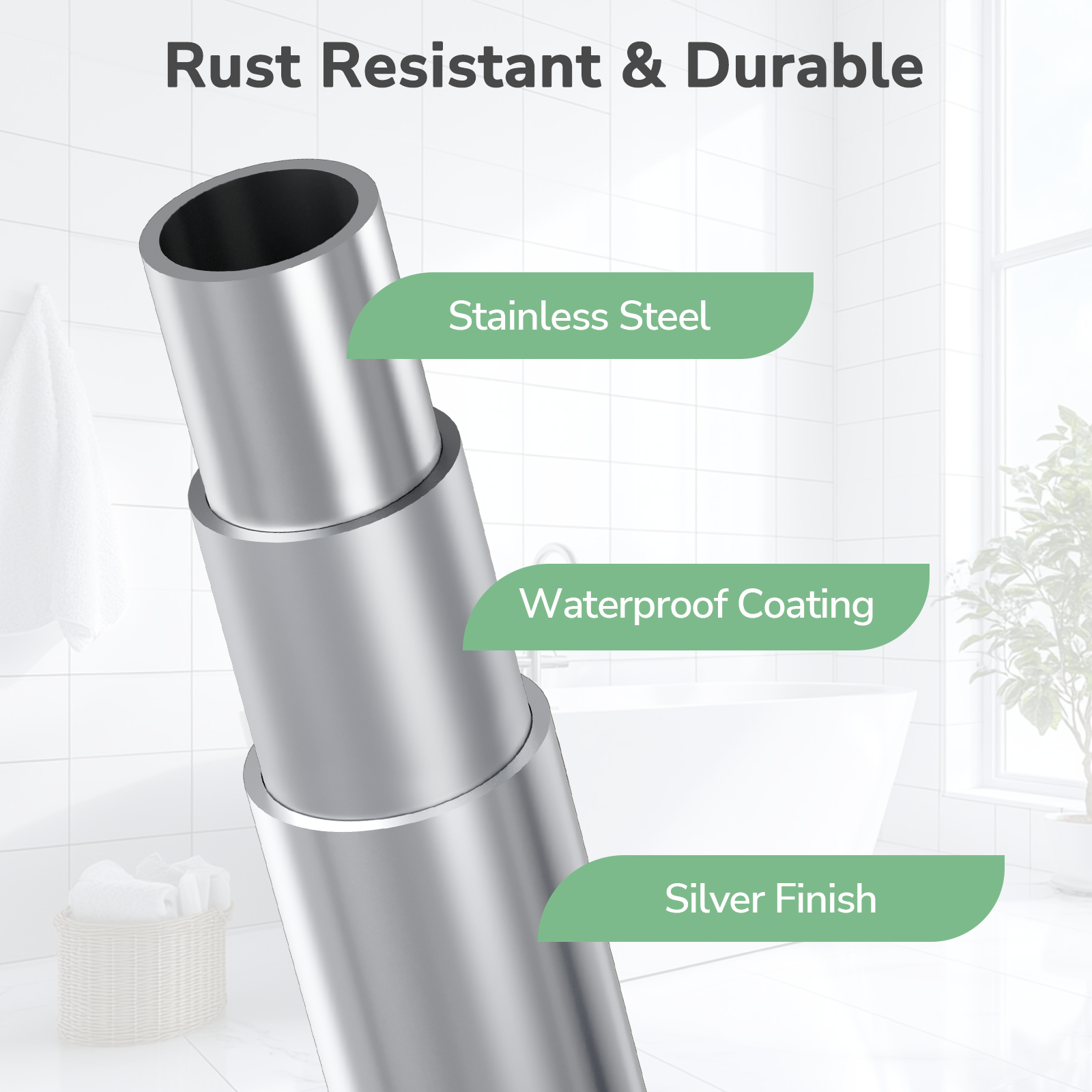 Rust-Resistant Structure of USHOWER Stokado Silver Shower Caddy Pole Showing Stainless Steel Core and Waterproof Coating