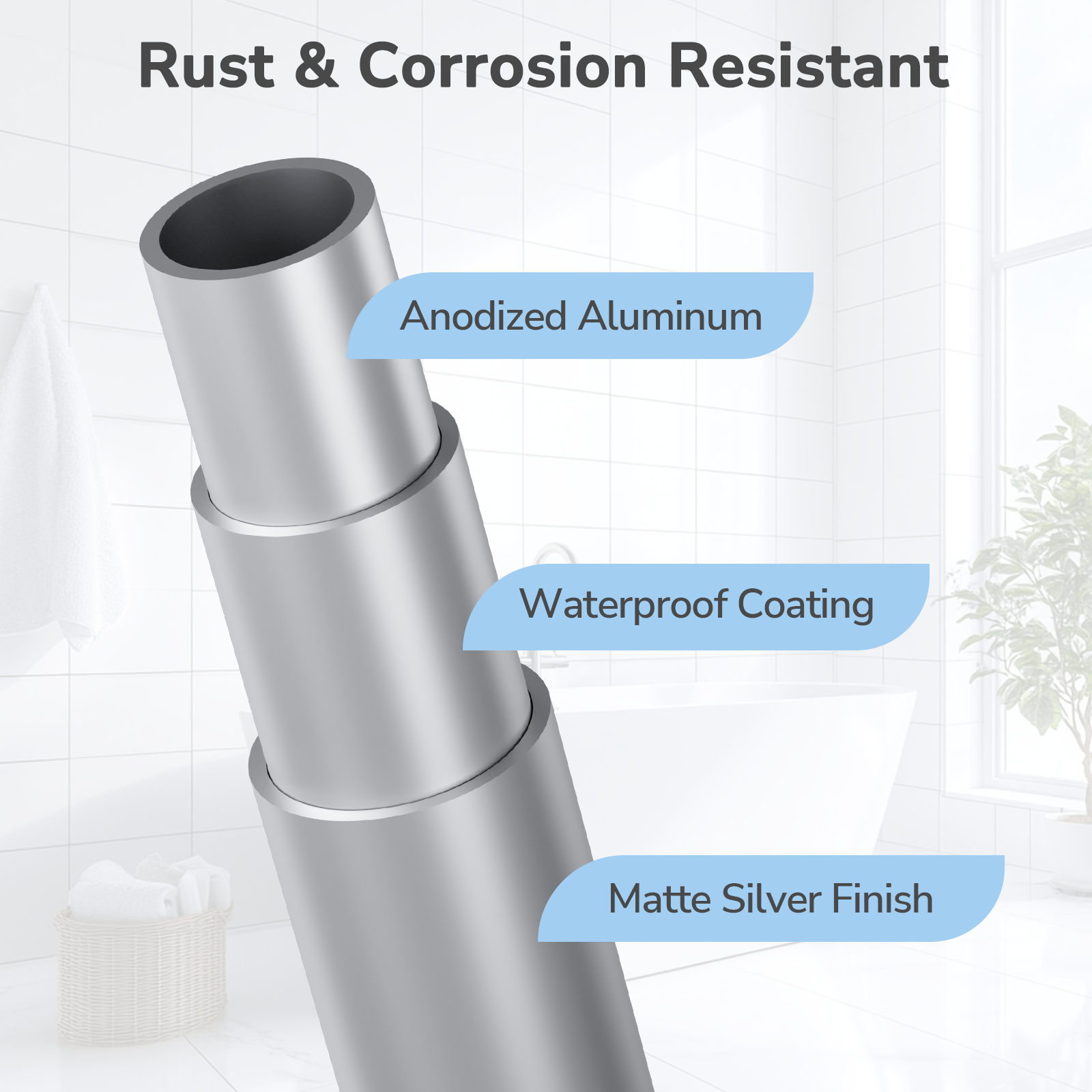 Rust-Resistant Structure of USHOWER Stokado Matte Silver Shower Caddy Pole Showing Aluminum Core and Waterproof Coating