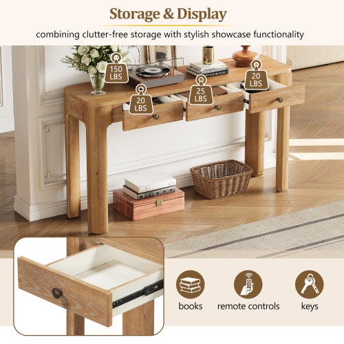 TREXM Rustic Console Table with 3 Concealed Drawers, Farmhouse Entryway Sofa Table with Curved Corners & Thick Legs for Living Room & Hallway, Natural
