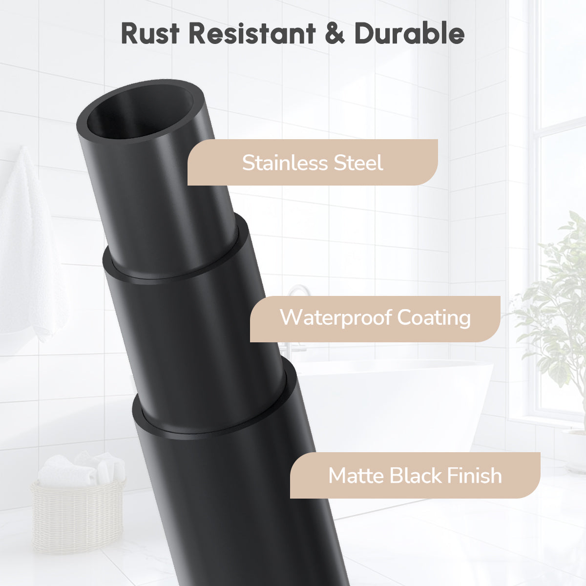 Rust-Resistant Structure of USHOWER Stokado Matte Black Shower Caddy Pole Showing Stainless Steel Core and Waterproof Coating