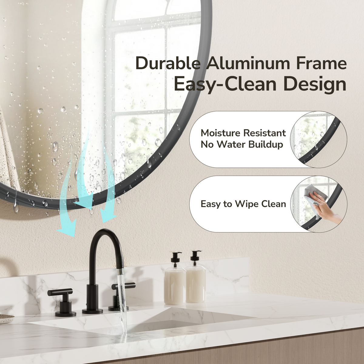 USHOWER Curva Round Bathroom Mirror 30 Inch, Black Circle Mirror Over Sink Vanity