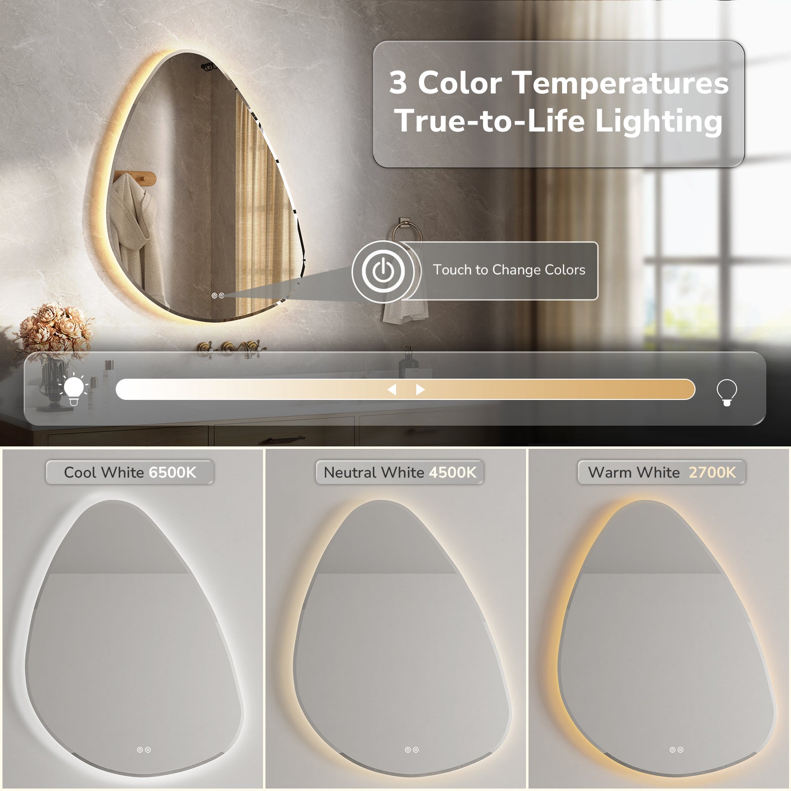 Bathroom LED mirror with 3 color temperatures, cool white neutral white and warm white