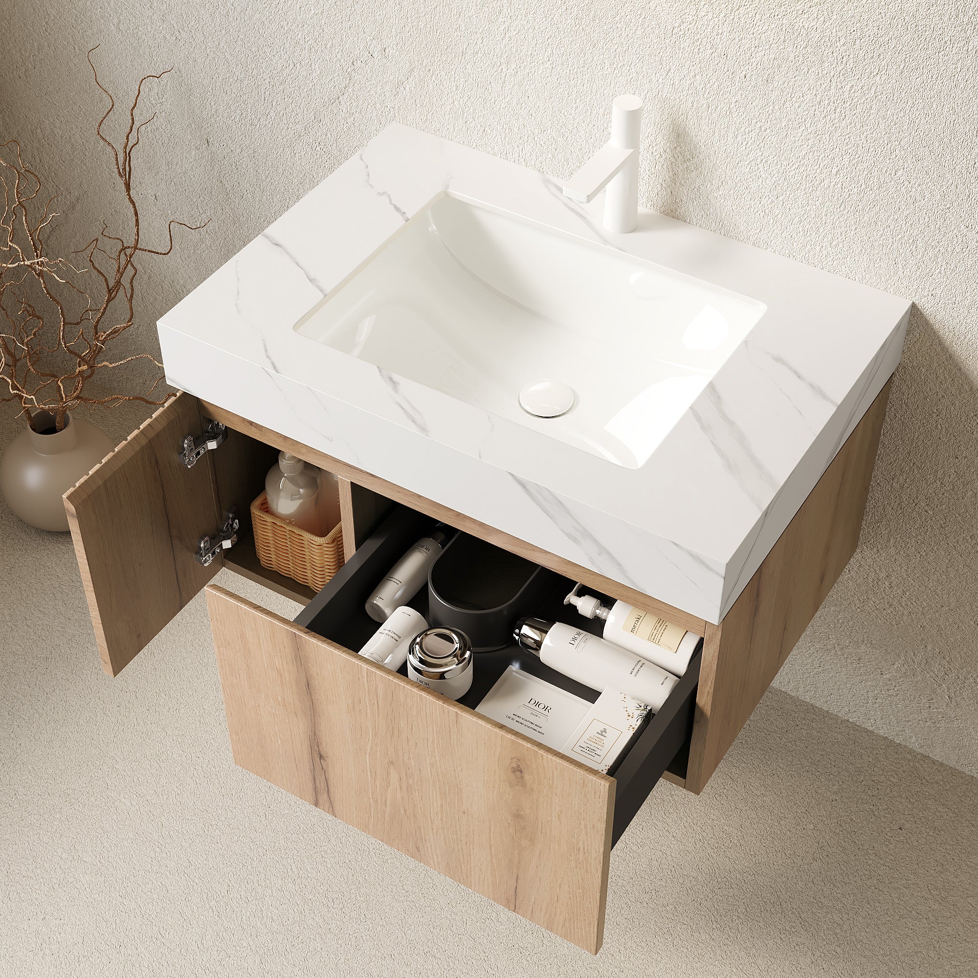 MURI 30" Wall-Mounted Bathroom Vanity with White Sintered Stone Top & Ceramic Sink, Floating Cabinet with Drawer and Door, Natural Oak Woodgrain, Pre-Assembled