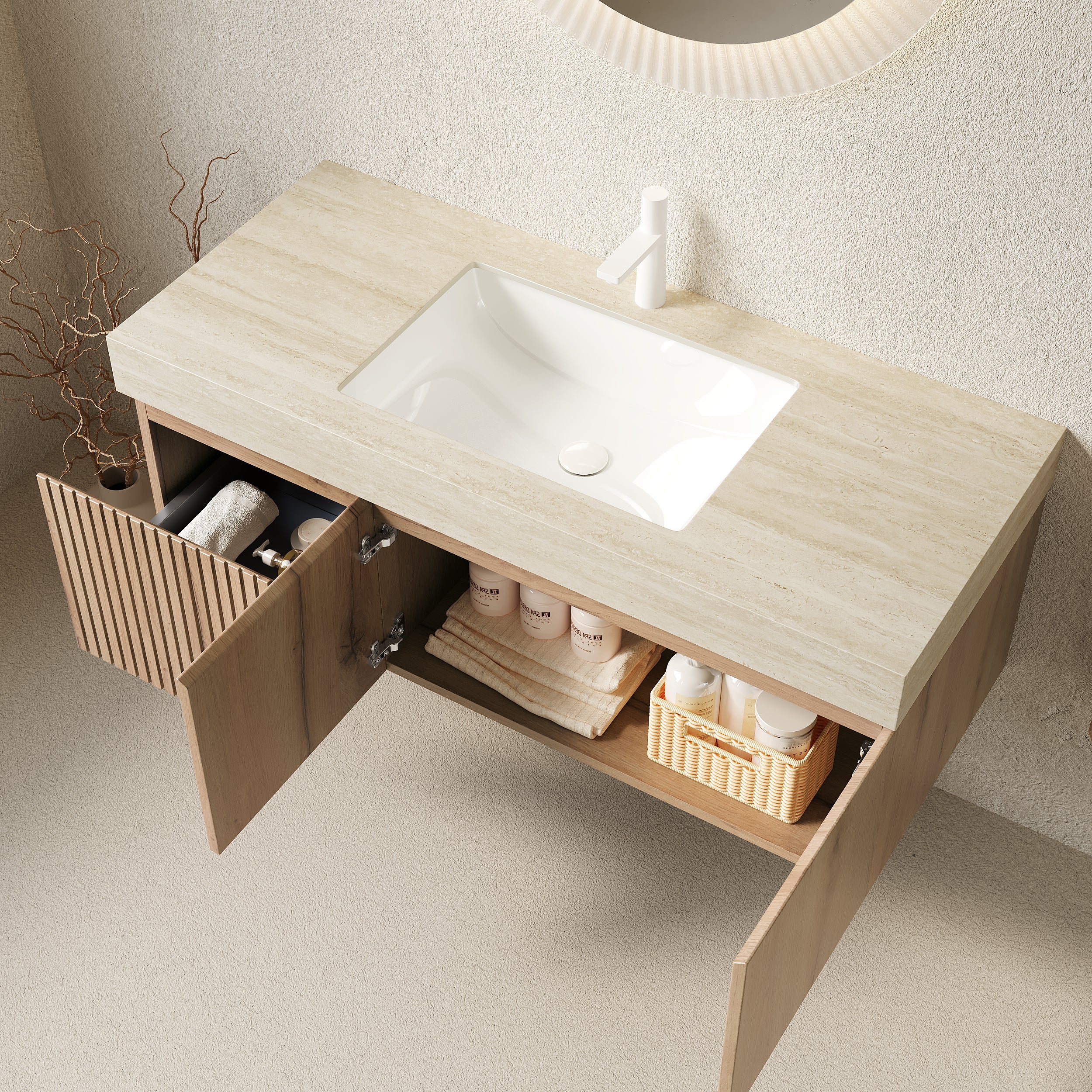 MURI 48" Wall-Mounted Bathroom Vanity with Travertine-Pattern Sintered Stone Top & Ceramic Sink, Floating Cabinet with Drawer and Door, Natural Oak Woodgrain, Pre-Assembled