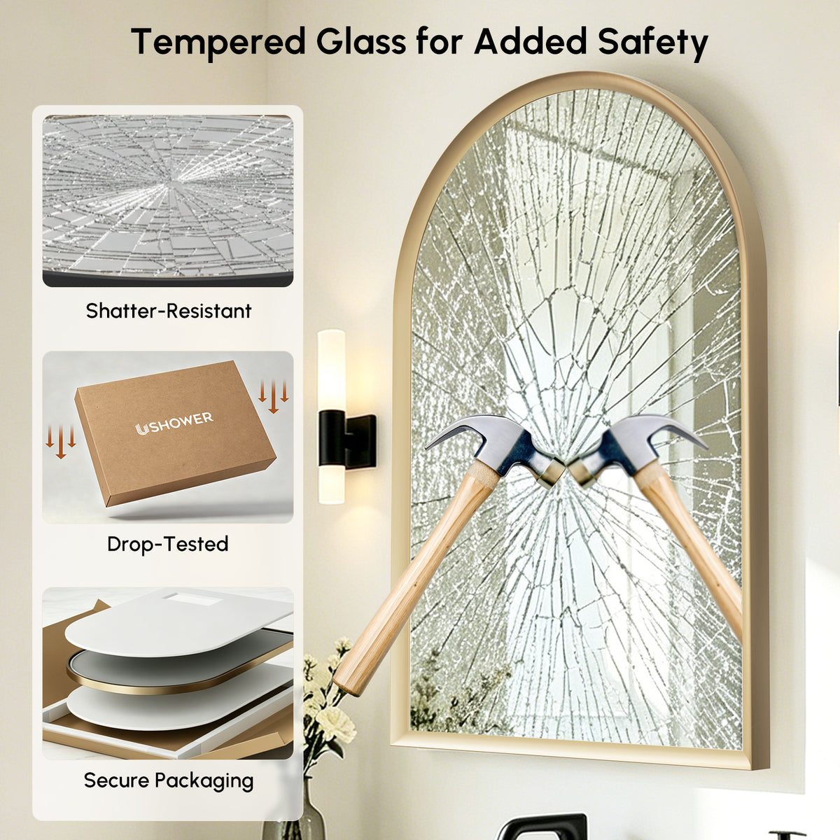 USHOWER Curva Brushed Gold Arched Mirror 24x36 Inch, Arched Bathroom Mirror