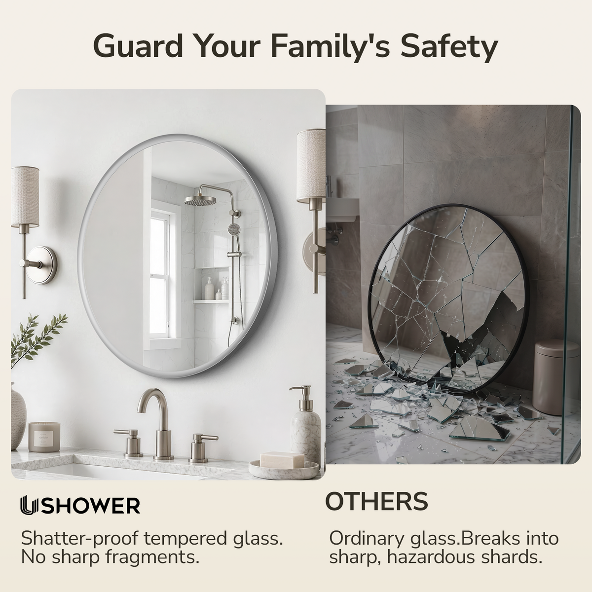 USHOWER Curva Round Bathroom Mirror 30 Inch, Brushed Nickel Circle Mirror Over Sink Vanity