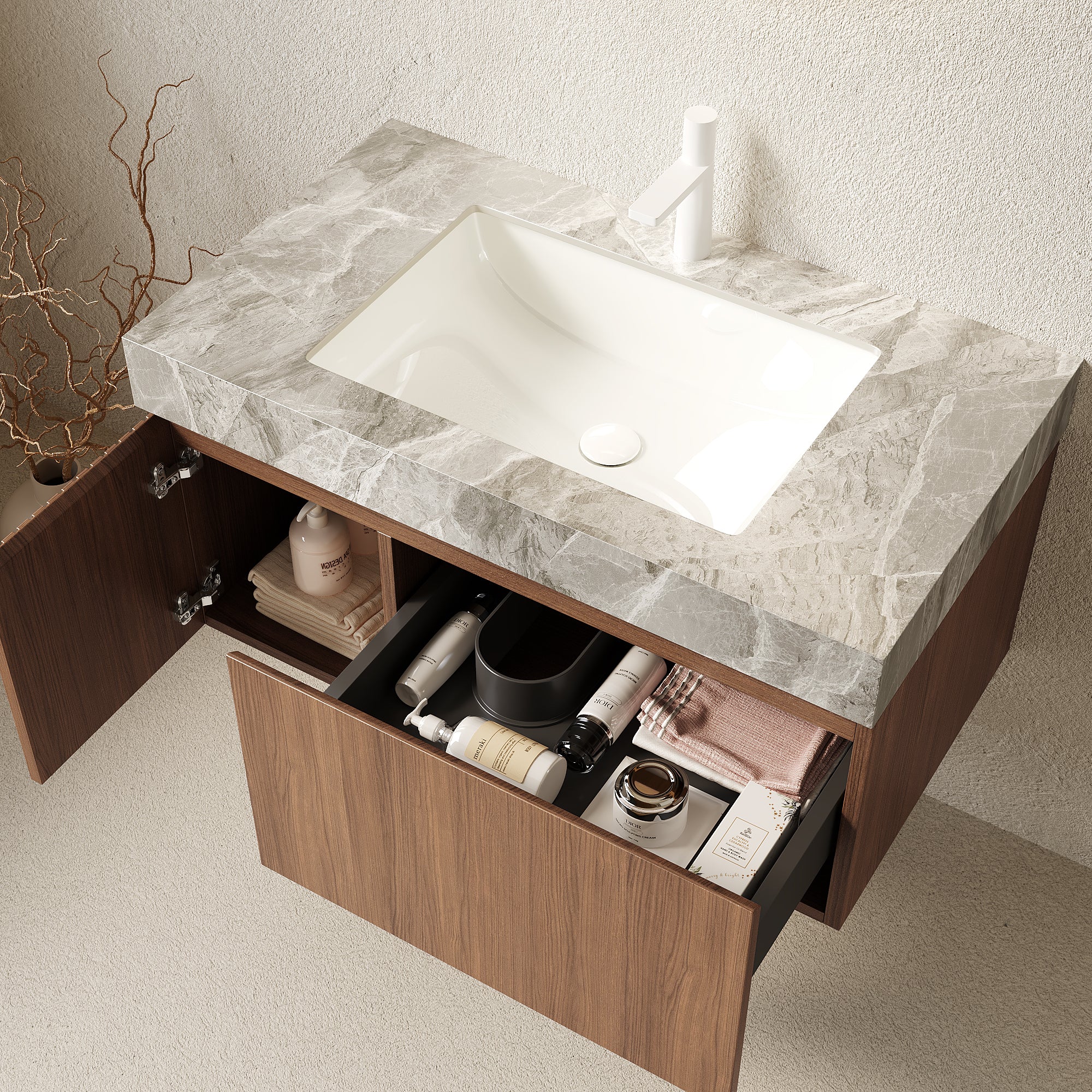 MURI 36" Wall-Mounted Bathroom Vanity with Light Gray Sintered Stone Top & Ceramic Sink, Floating Cabinet with Drawer and Door, Brown Oak Woodgrain, Pre-Assembled