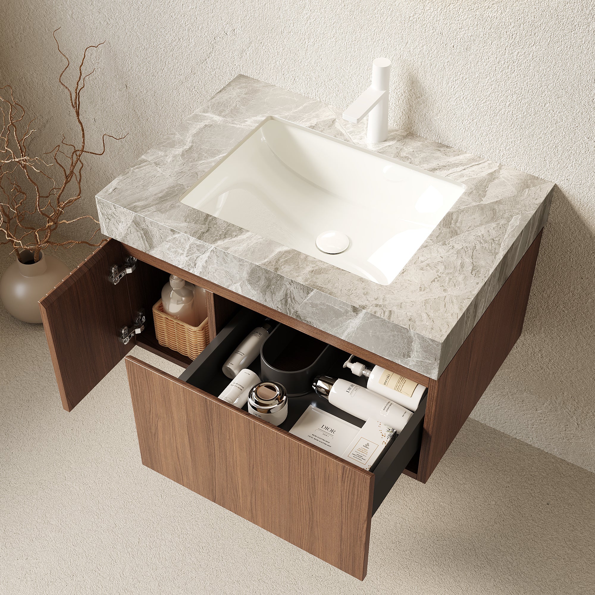 MURI 30" Wall-Mounted Bathroom Vanity with Light Gray Sintered Stone Top & Ceramic Sink, Floating Cabinet with Drawer and Door, Brown Oak Woodgrain, Pre-Assembled