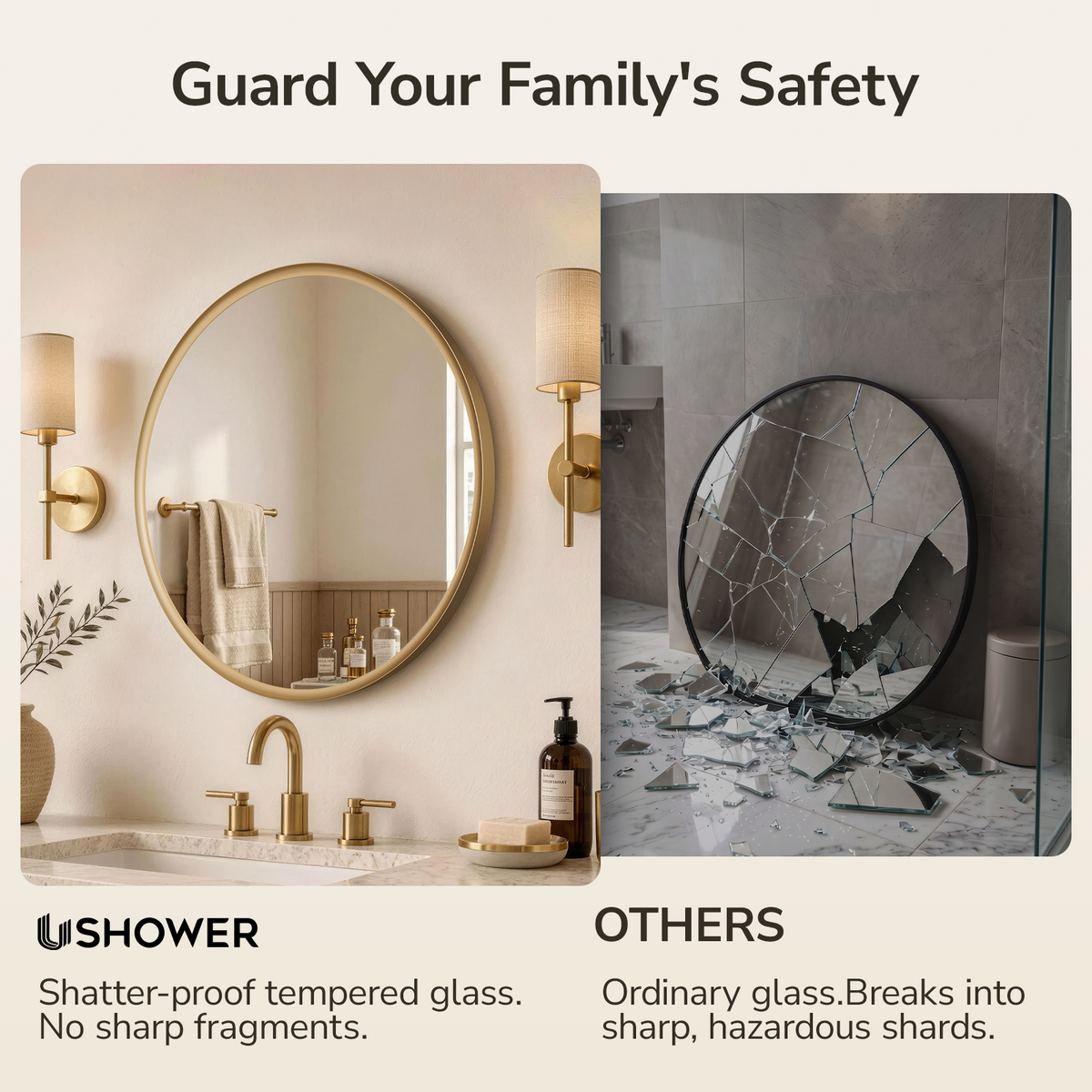 USHOWER Curva Round Bathroom Mirror 30 Inch, Brushed Gold Circle Mirror Over Sink Vanity
