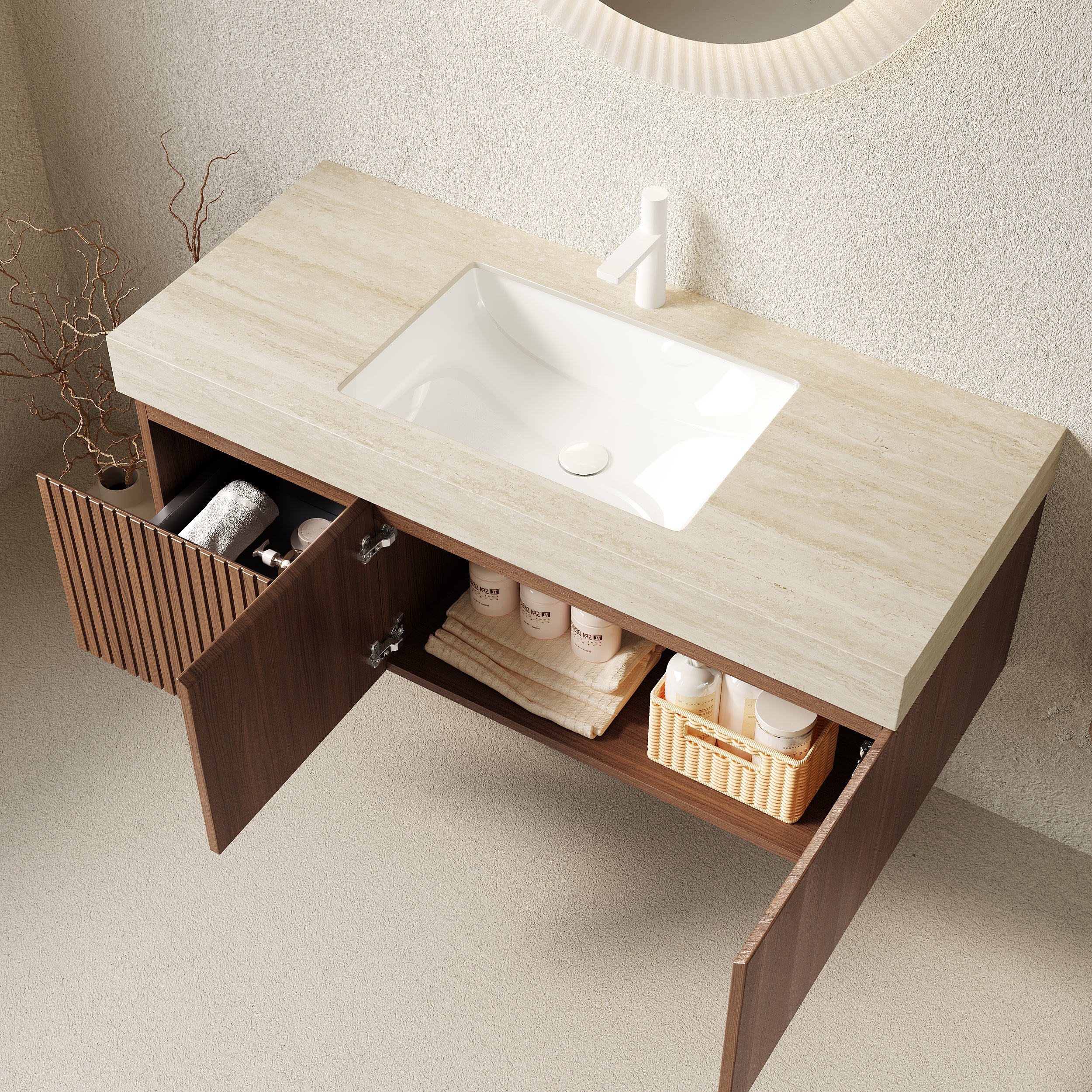 MURI 48" Wall-Mounted Bathroom Vanity with Travertine-Pattern Sintered Stone Top & Ceramic Sink, Floating Cabinet with Drawer and Door, Brown Oak Woodgrain, Pre-Assembled