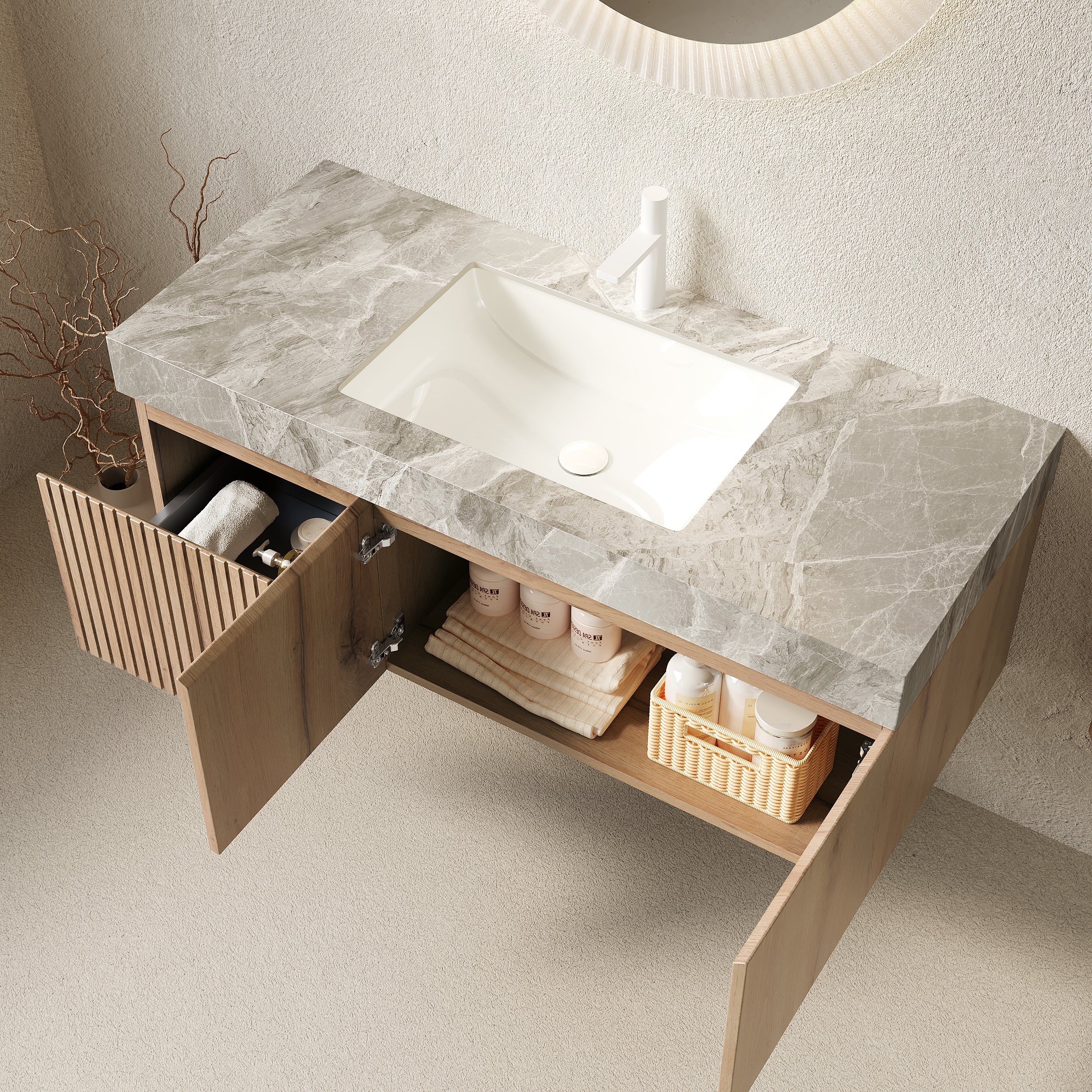 MURI 48" Wall-Mounted Bathroom Vanity with Light Gray Sintered Stone Top & Ceramic Sink, Floating Cabinet with Drawer and Door, Natural Oak Woodgrain, Pre-Assembled
