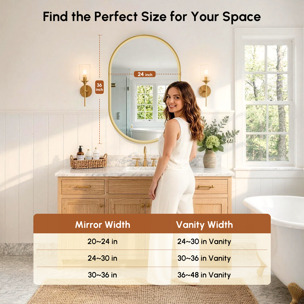 USHOWER Curva Brushed Gold Oval Mirror 24x36 Inch, Oval Bathroom Mirror