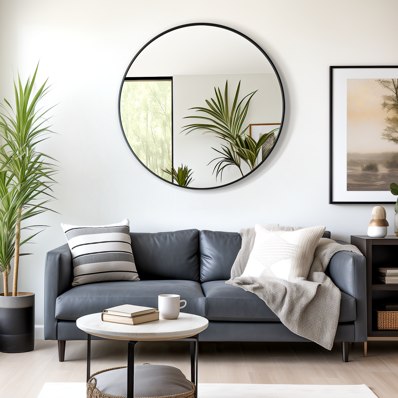 USHOWER Nwar Series – 42'' Black Round Bathroom Mirror