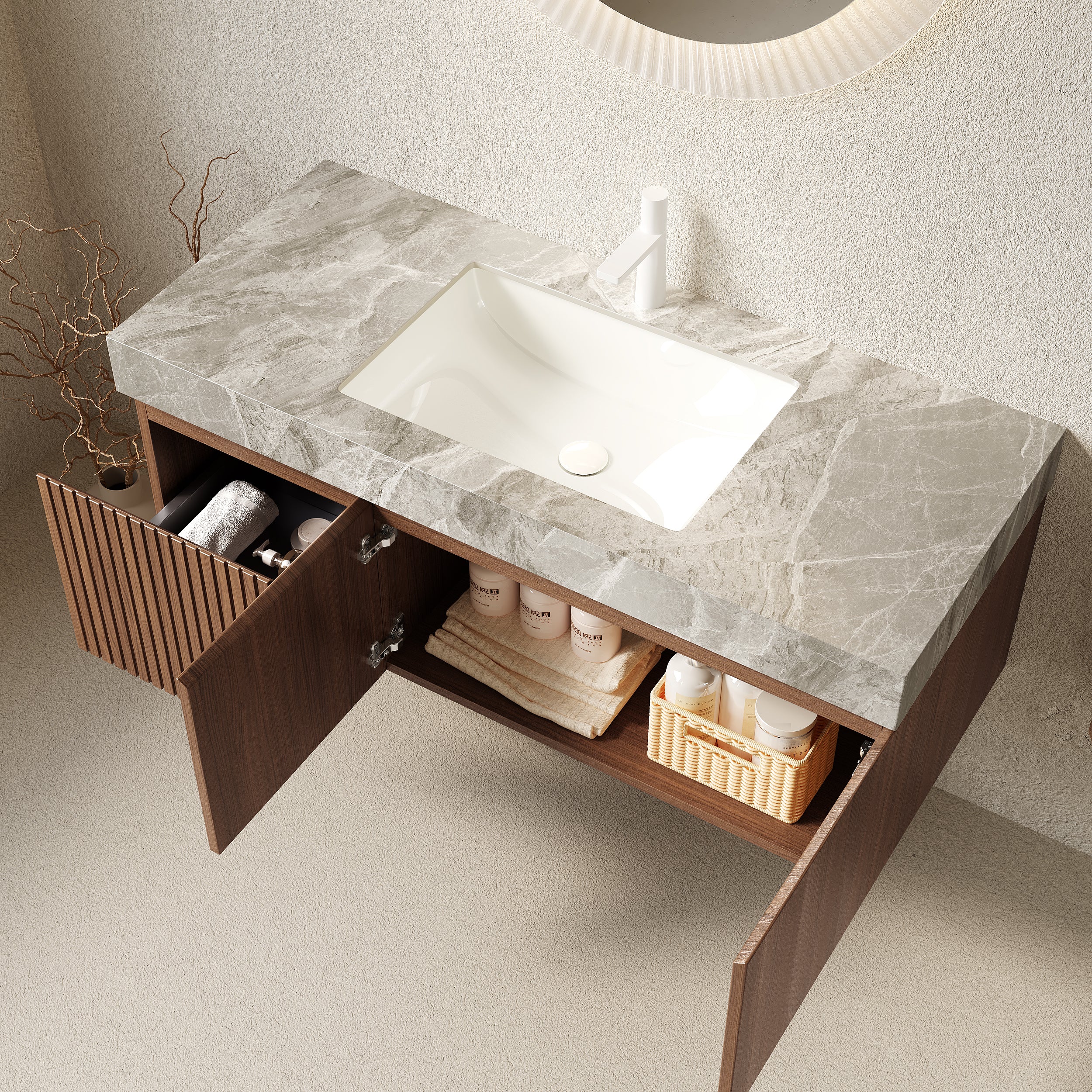 MURI 48" Wall-Mounted Bathroom Vanity with Light Gray Sintered Stone Top & Ceramic Sink, Floating Cabinet with Drawer and Door, Brown Oak Woodgrain, Pre-Assembled