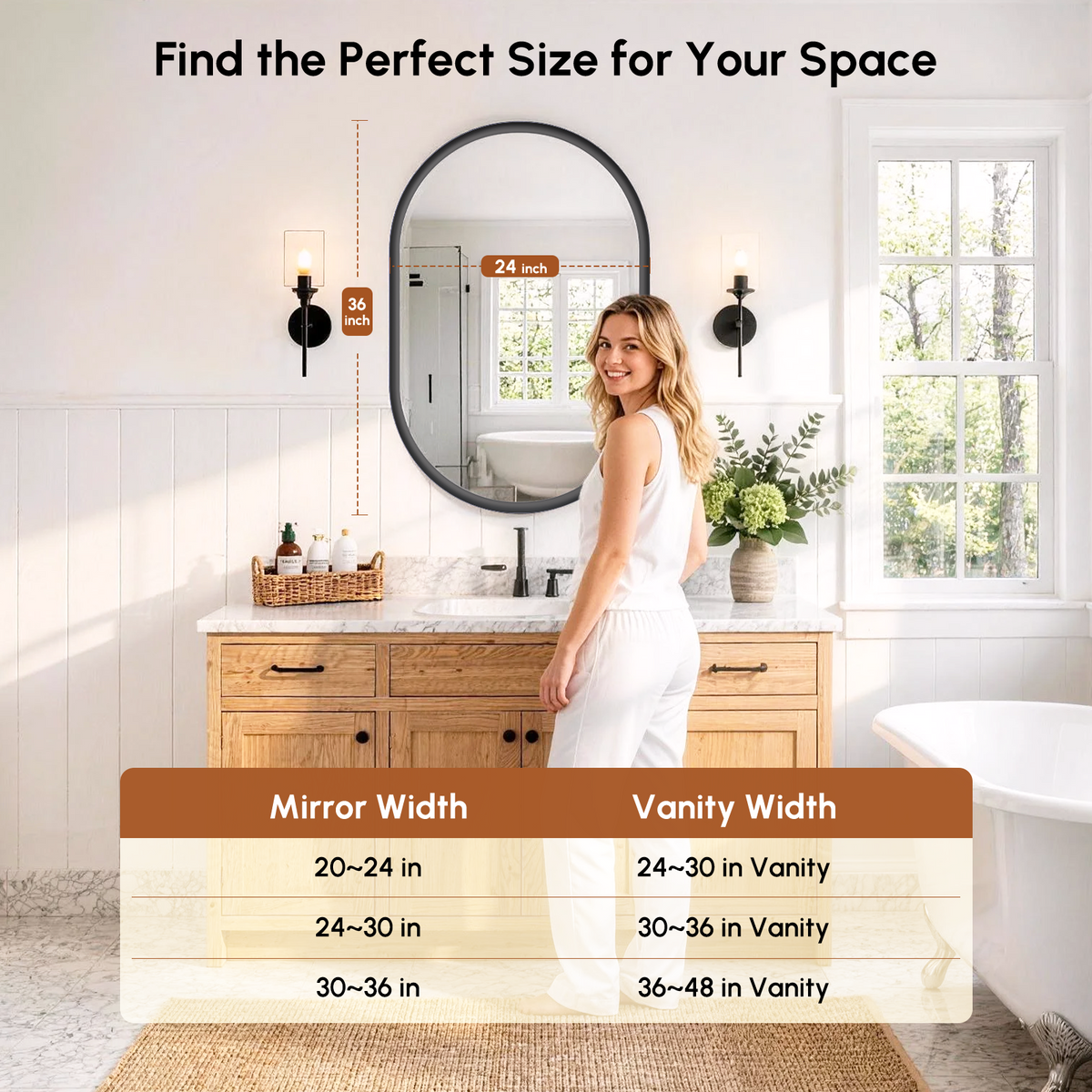 USHOWER Curva Black Oval Mirror 24x36 Inch, Oval Bathroom Mirror