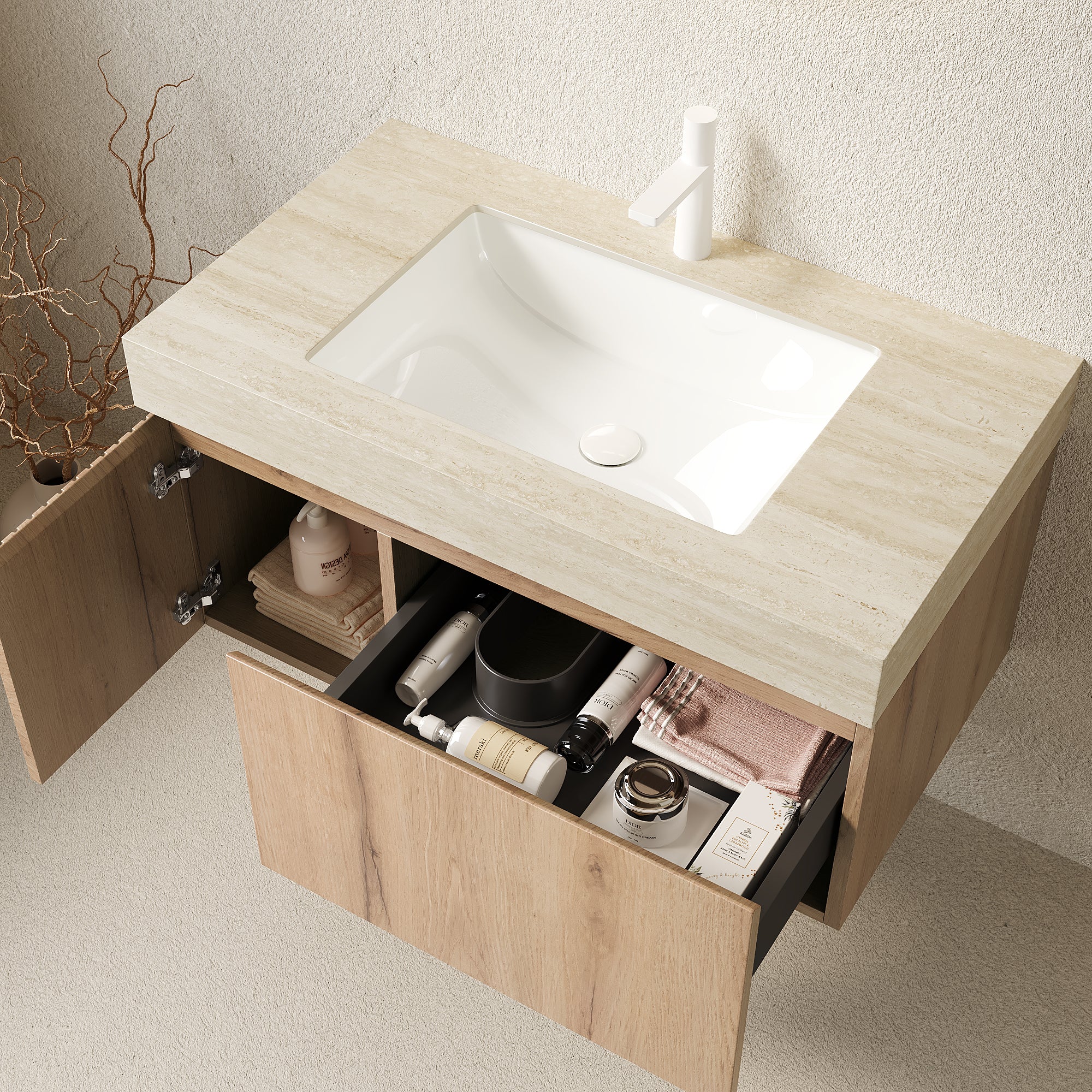 MURI 36" Wall-Mounted Bathroom Vanity with Travertine-Pattern Sintered Stone Top & Ceramic Sink, Floating Cabinet with Drawer and Door, Natural Oak Woodgrain, Pre-Assembled