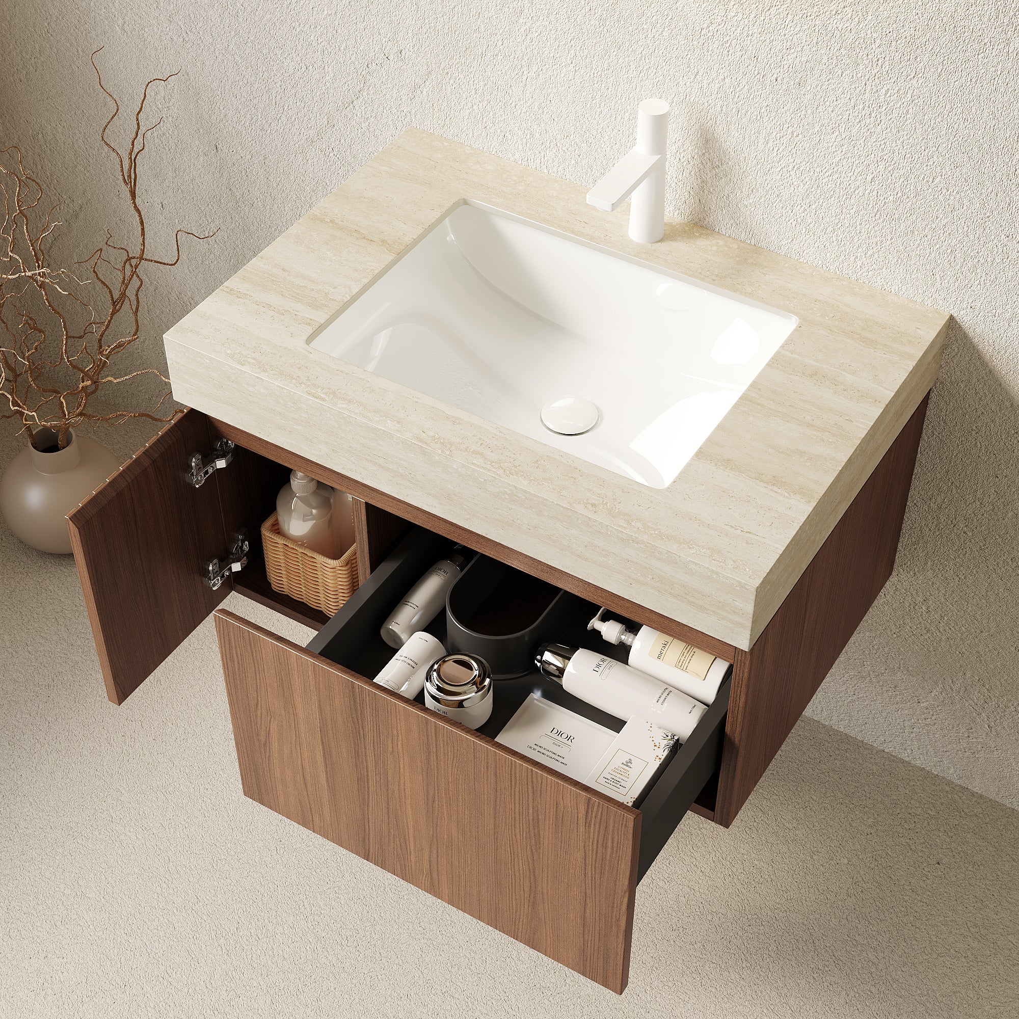 MURI 30" Wall-Mounted Bathroom Vanity with Travertine-Pattern Sintered Stone Top & Ceramic Sink, Floating Cabinet with Drawer and Door, Brown Oak Woodgrain, Pre-Assembled