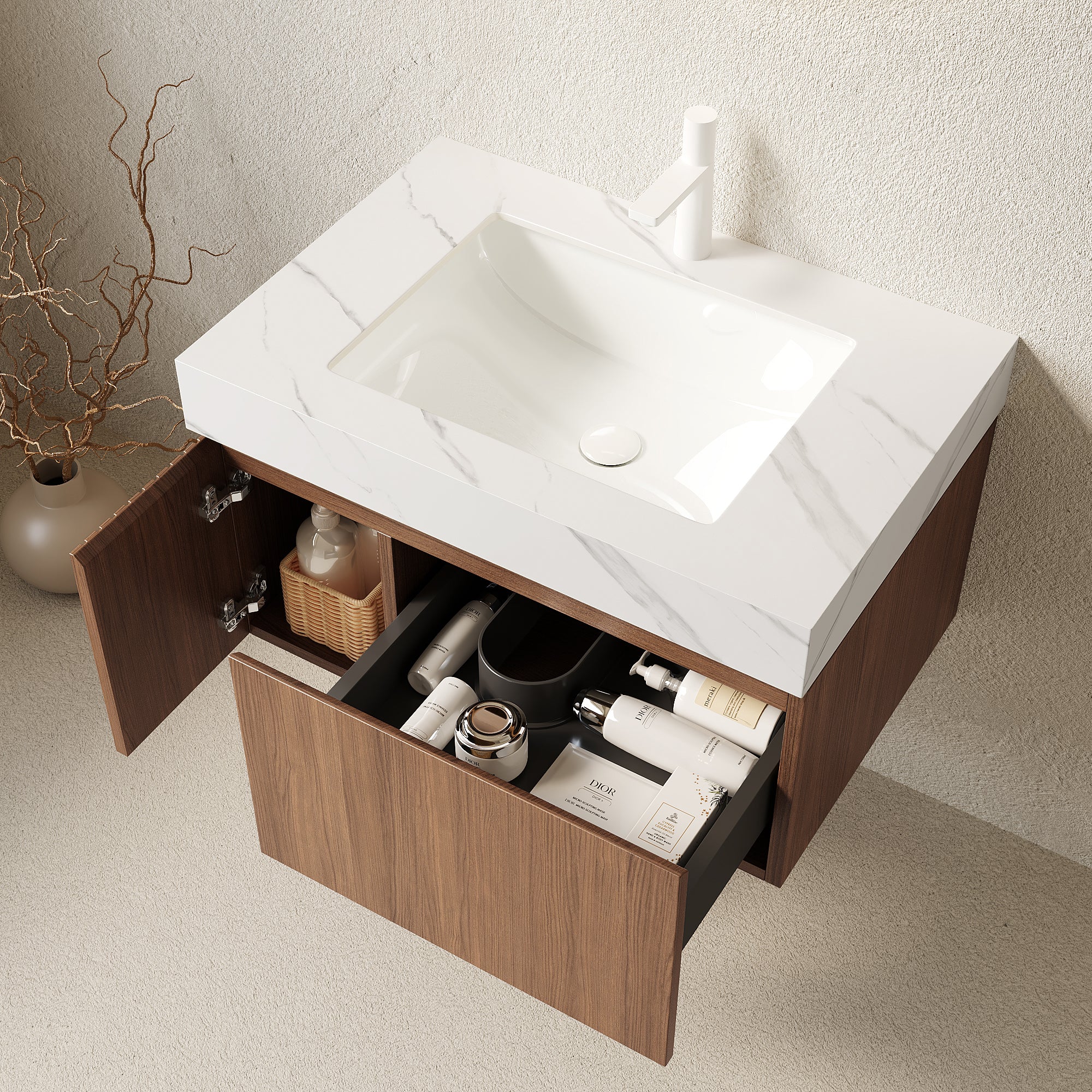 MURI 30" Wall-Mounted Bathroom Vanity with White Sintered Stone Top & Ceramic Sink, Floating Cabinet with Drawer and Door, Brown Oak Woodgrain, Pre-Assembled