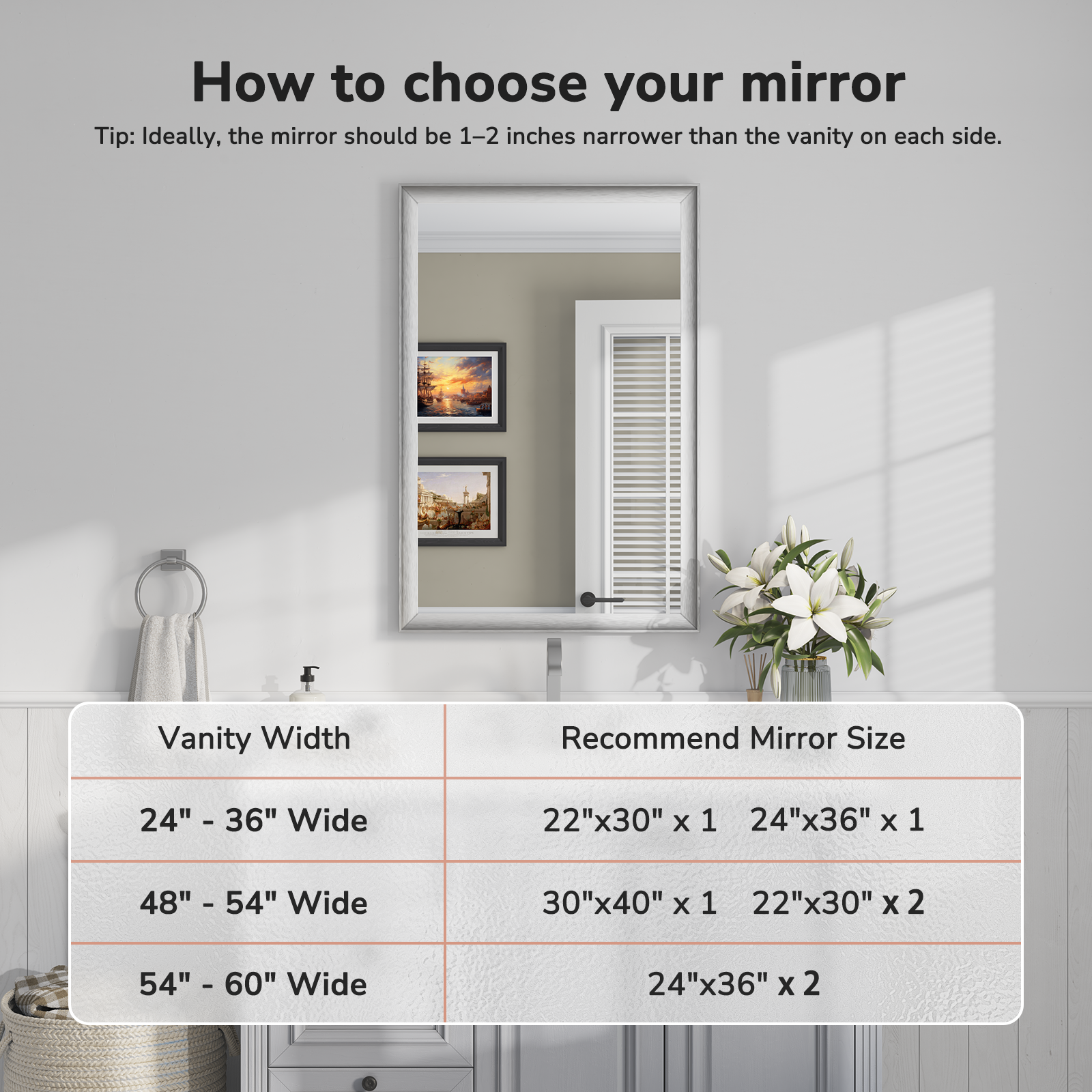 USHOWER Curva Mirror, Rectangular Silver Metal Framed Mirror, 24'' x 36''