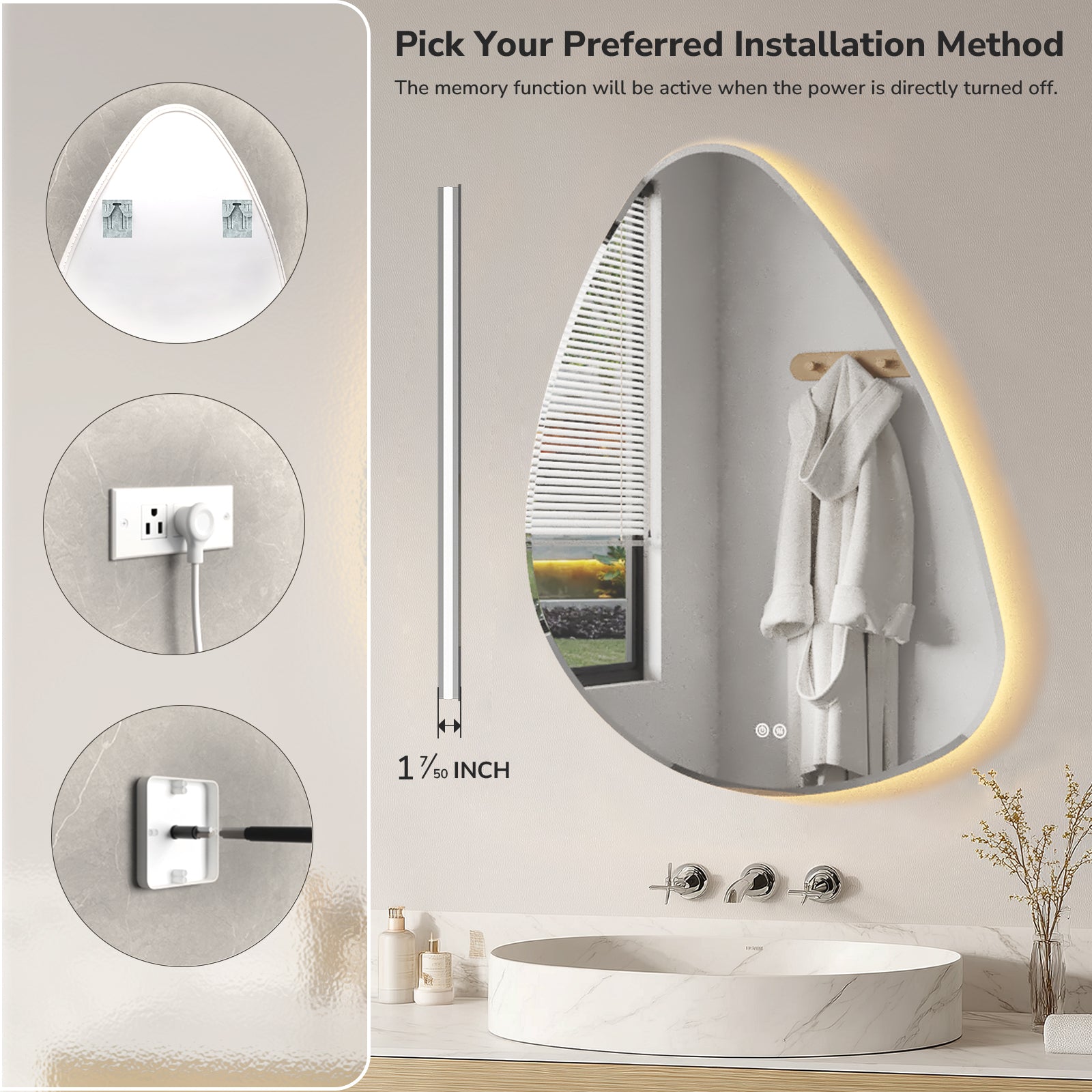 Wall-mounted teardrop LED vanity mirror with plug-in or hardwired installation options and memory function